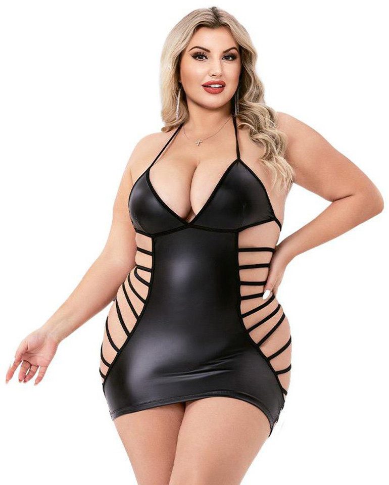 Baci Lingerie Minikleid Strappy Wetlook Minikleid Schwarz – Plus Size (1-tlg) figurbetonte Passform, glänzende Oberfläche