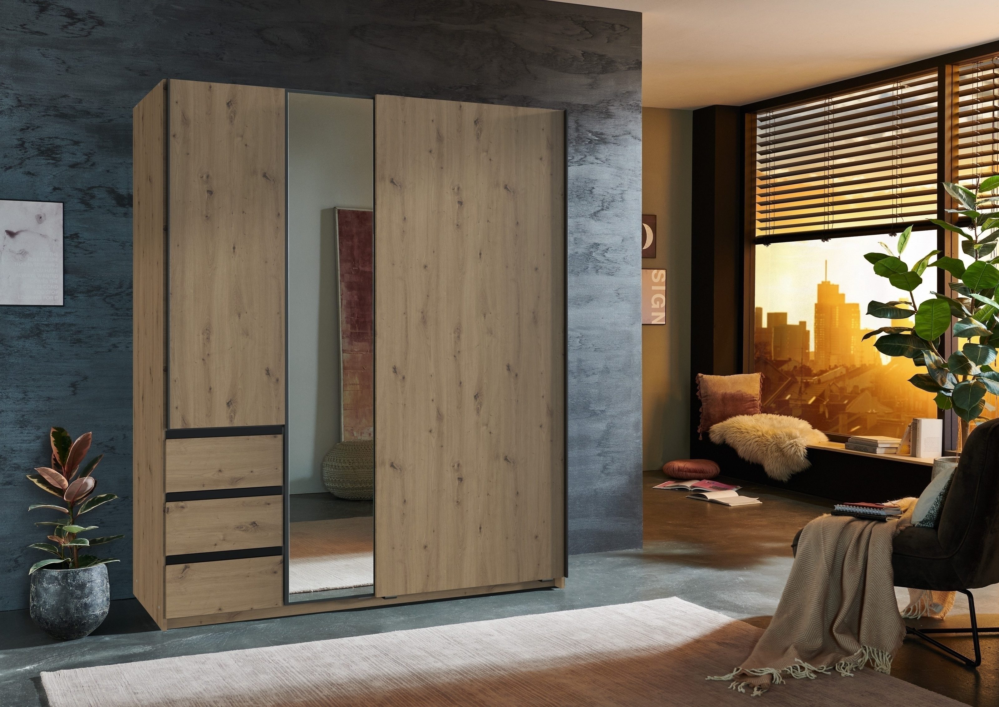 freiraum Schwebetürenschrank Stade in ARTISAN EICHE DEKOR / GRAPHIT - 168x198x63cm (BxHxT)