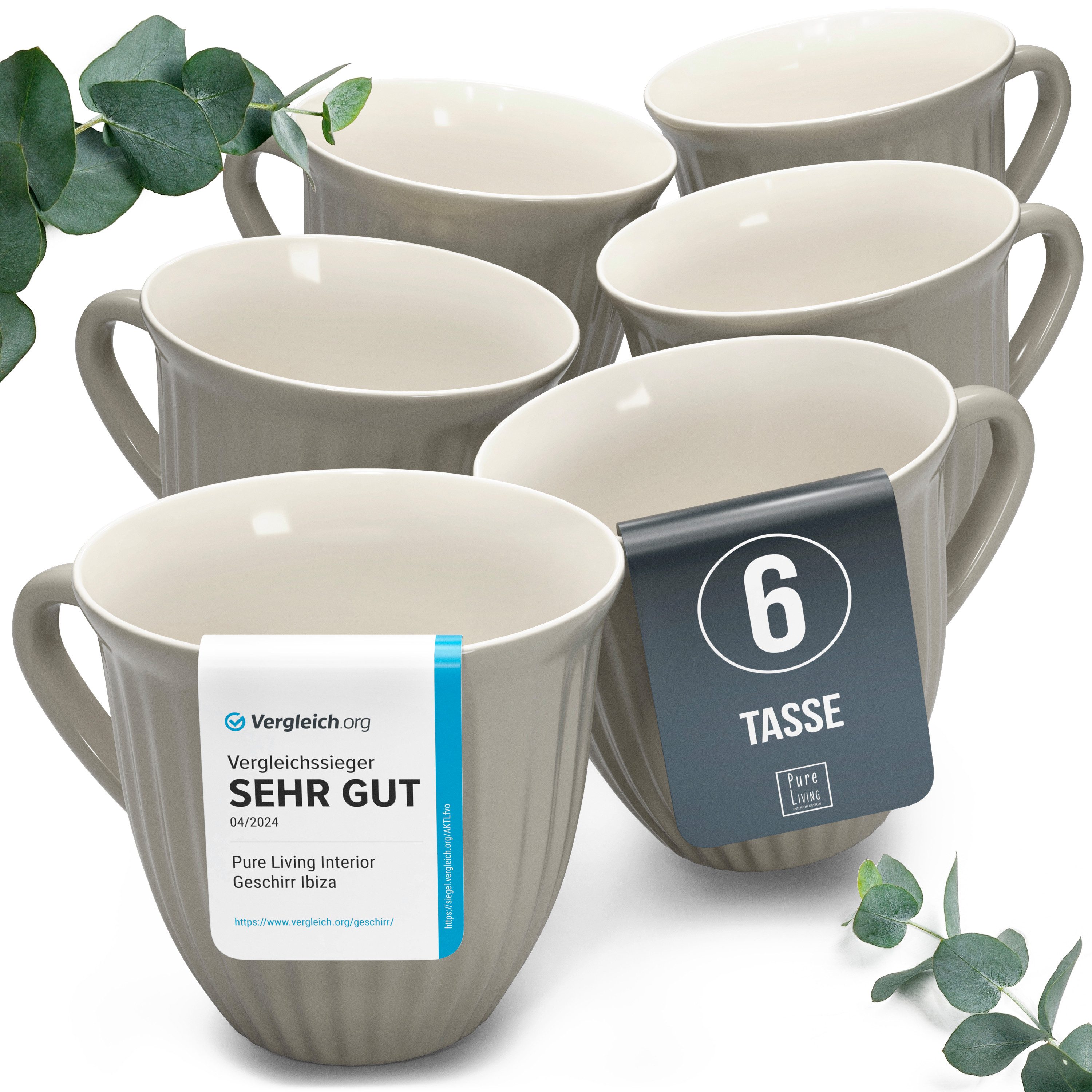 PURE LIVING INTERIOR DESIGN Geschirr-Set Hygge Becher, 6er-Set, 435 ml, Hellbraun Steingut (6-tlg), 6 Personen, Steingut