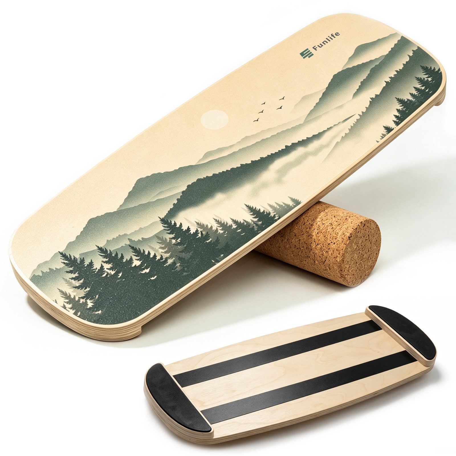 FunLife Balanceboard Design-Edition – einzeln, mit Fitnessbändern oder Balance-Zubehör, Wackelbrett aus Birkenholz mit Korkrolle, bis 150 kg belastbar