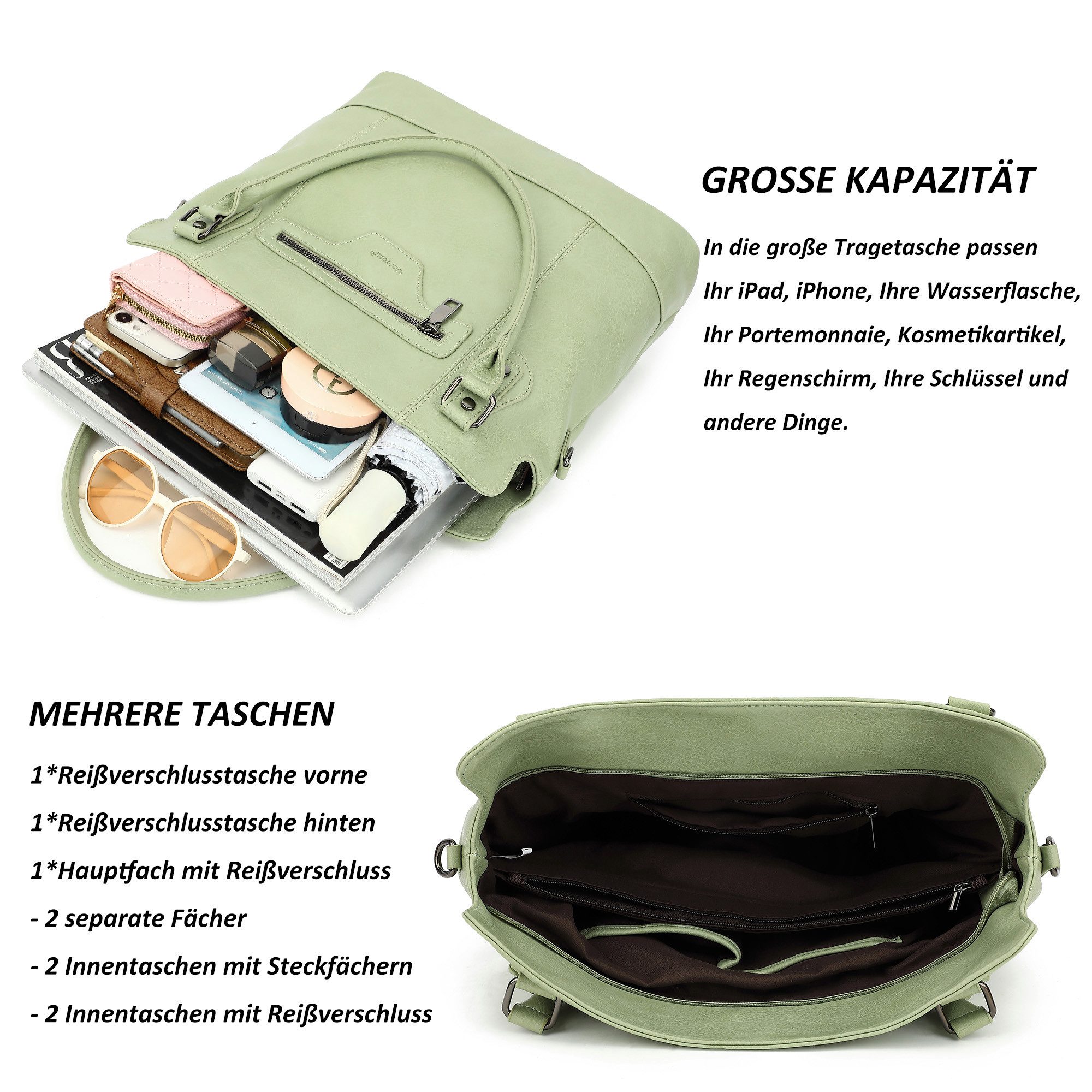 TAN.TOMI Handtasche Damen Schultertasche - Set Shopper Umhängetasche Henkeltasche, Mit abnehmbarem Schultergurt für Einkauf Reise Büro Schule – Bild 4 von 5