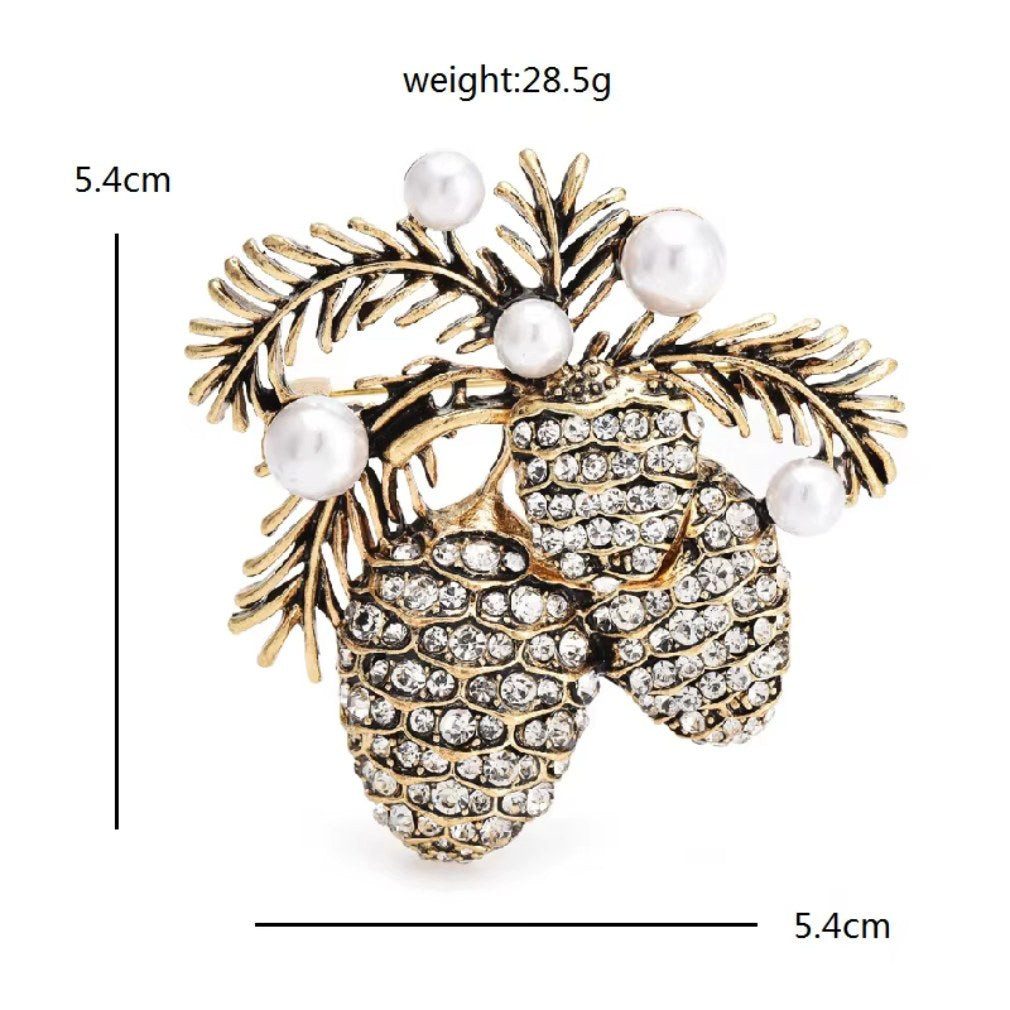 Dark-Desires Brosche Tannenzapfen Pinienkerne -Brosche mit Kunstperlen und Strass, Damen Brosche vintage Accesssoire retro Anstecknadel