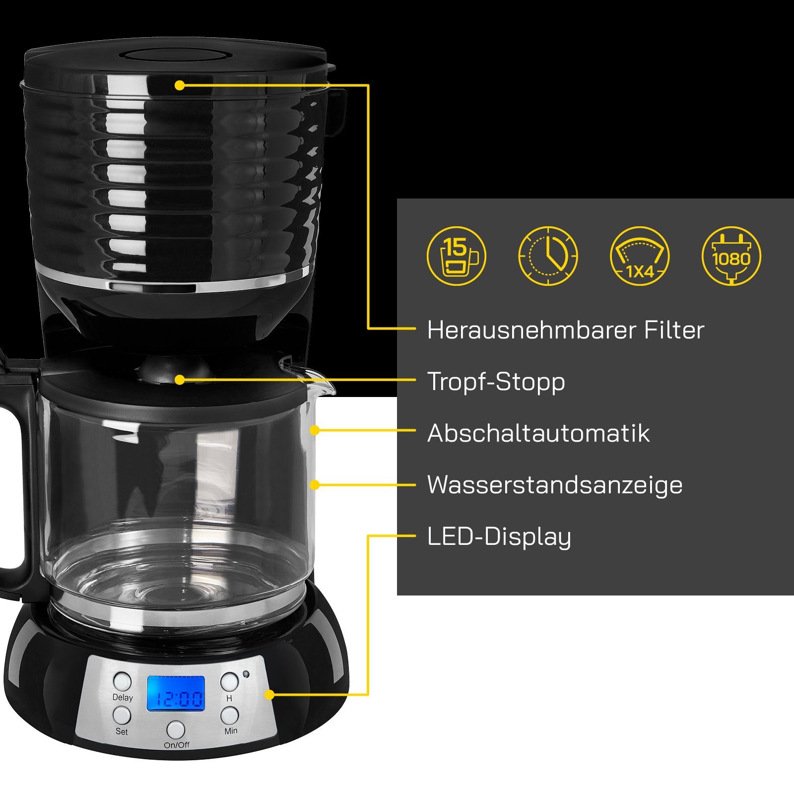 1.5l 1 & 4, Kaffeekanne, Timerfunktion, x Leistung Standardgröße LED-Display Gutfels COFFEE Filterkaffeemaschine 3300 C, Papierfilter 1080 Watt