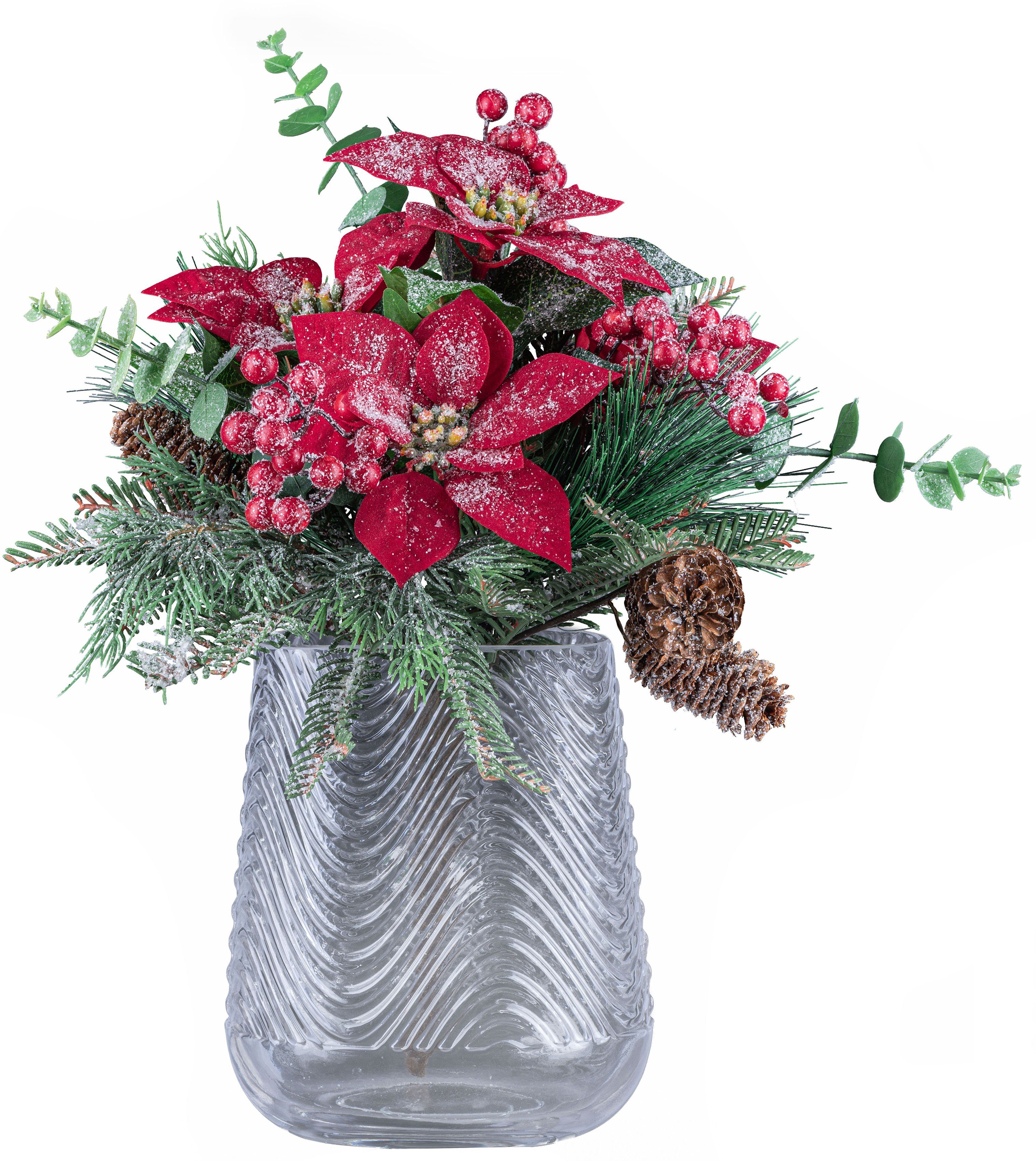 1 in Bouquet), 1 Dekorative traumhaftem mit Vase, Creativ geeister Weihnachtsdeko Optik, deco mit 2 Glasvase Poinsettien-Mixbund Weihnachtsstern-Mix-Bouquet Dekovase St., (Set,