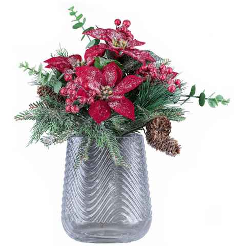 Creativ deco Dekovase Weihnachtsdeko (Set, 2 St., 1 Vase, 1 Bouquet), mit Poinsettien-Mixbund in geeister Optik