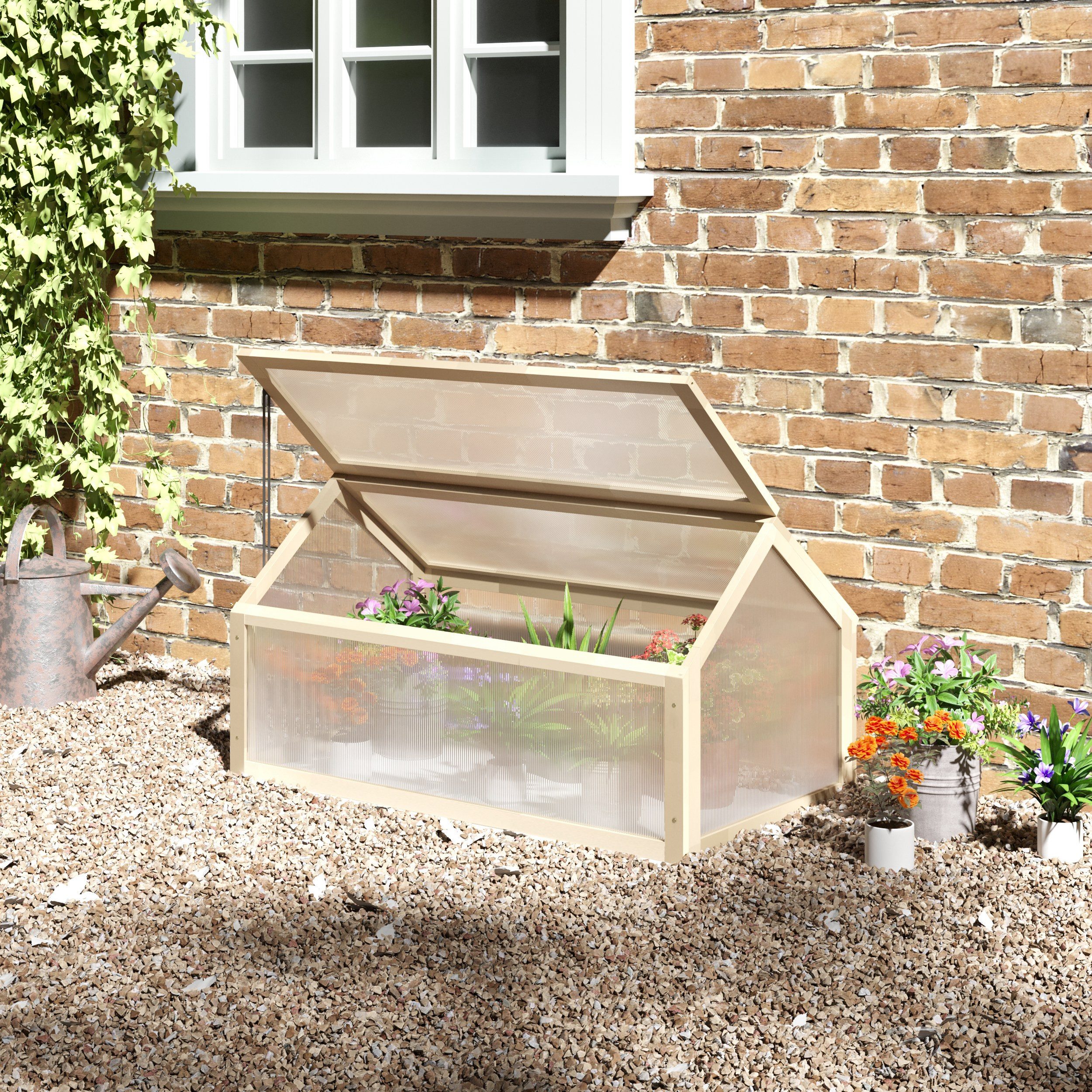 Outsunny Hochbeet Treibhaus mit Abdeckung, lichtdurchlässig Frühbeetkasten, Balkon (Frühbeet Holz, 1 St., Mini Gewächshaus), winterfest, für Garten, Naturholz