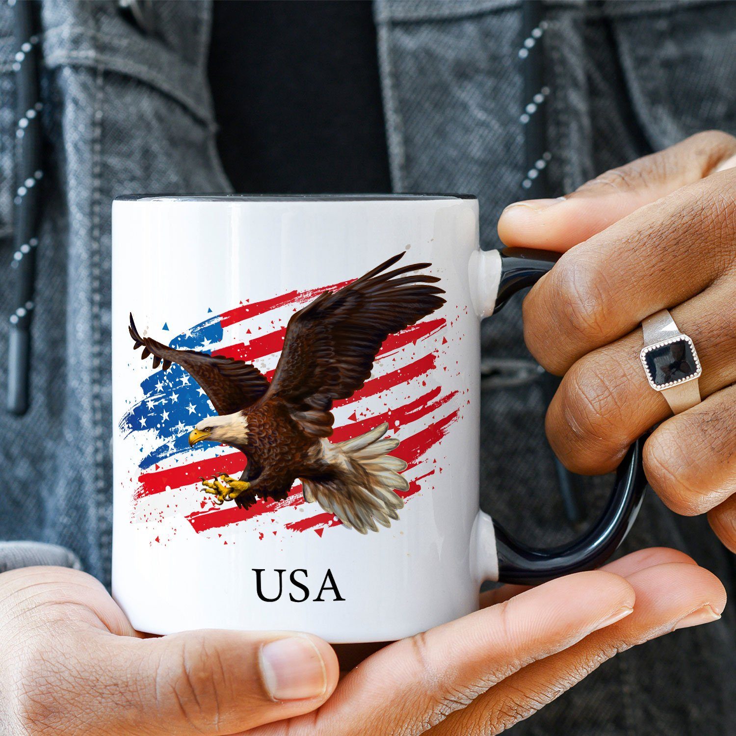 mit Tasse Bedruckt Keramik, Adler & - Fans, Motiv - Flag Für Schwarz mit Flagge mit Ländertasse - Souvenir Amerika Geschenk GRAVURZEILE USA Weiß American
