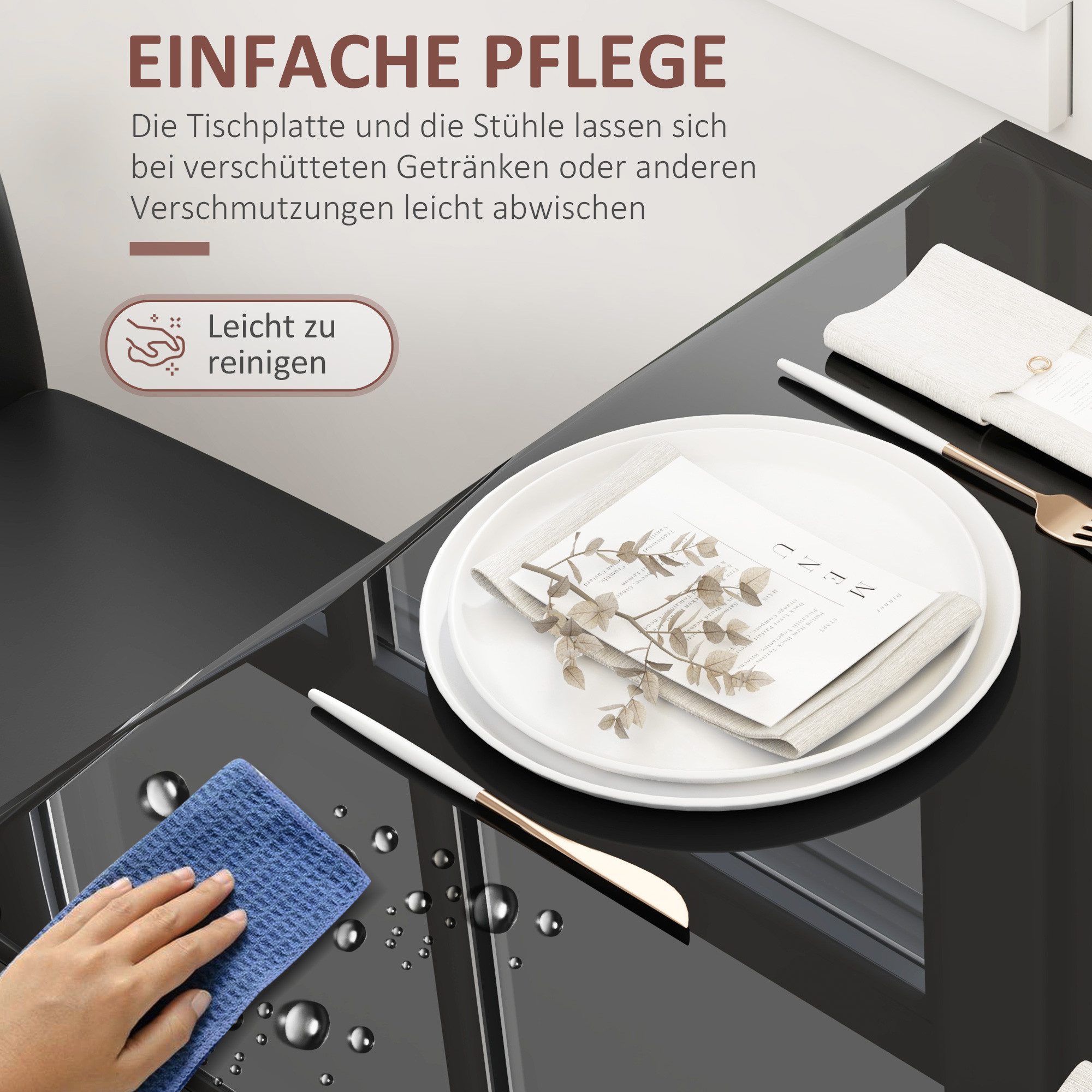 HOMCOM Essgruppe mit Glas-Tischplatte, (Esstisch mit 2 Stühlen, 3-tlg., platzsparend Esszimmergruppe), für Esszimmer, Küche Schwarz – Bild 5 von 5