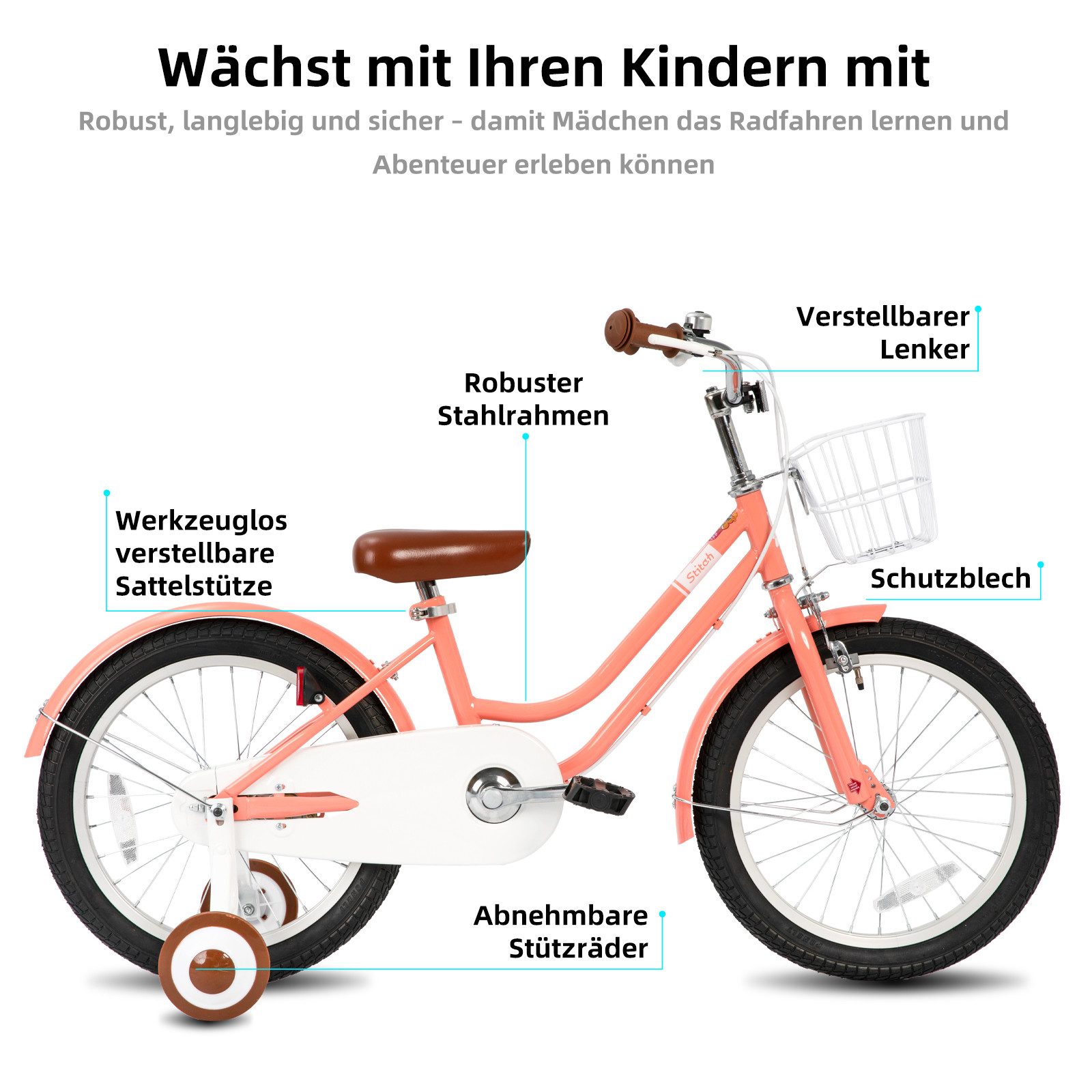 JOYSTAR Kinderfahrrad 12 14 16 18 Zoll Fahrrad, geeignet für 2–9 Jahren Jungen und Mädchen, Ausgestattet mit Doppelhandbremsen, Stützrädern, Schutzblechen, Korb