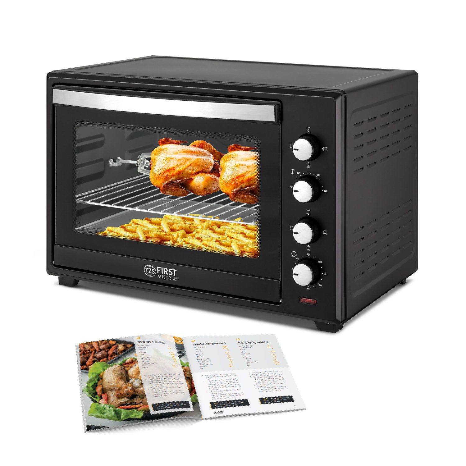 TZS FIRST AUSTRIA Minibackofen Pizzaofen, 2000W, 60L, mit Innenbeleuchtung, Umluft-Funktion, Drehspieß für 2 Hühnchen, Mini Backofen, herausnehmbares Krümelblech