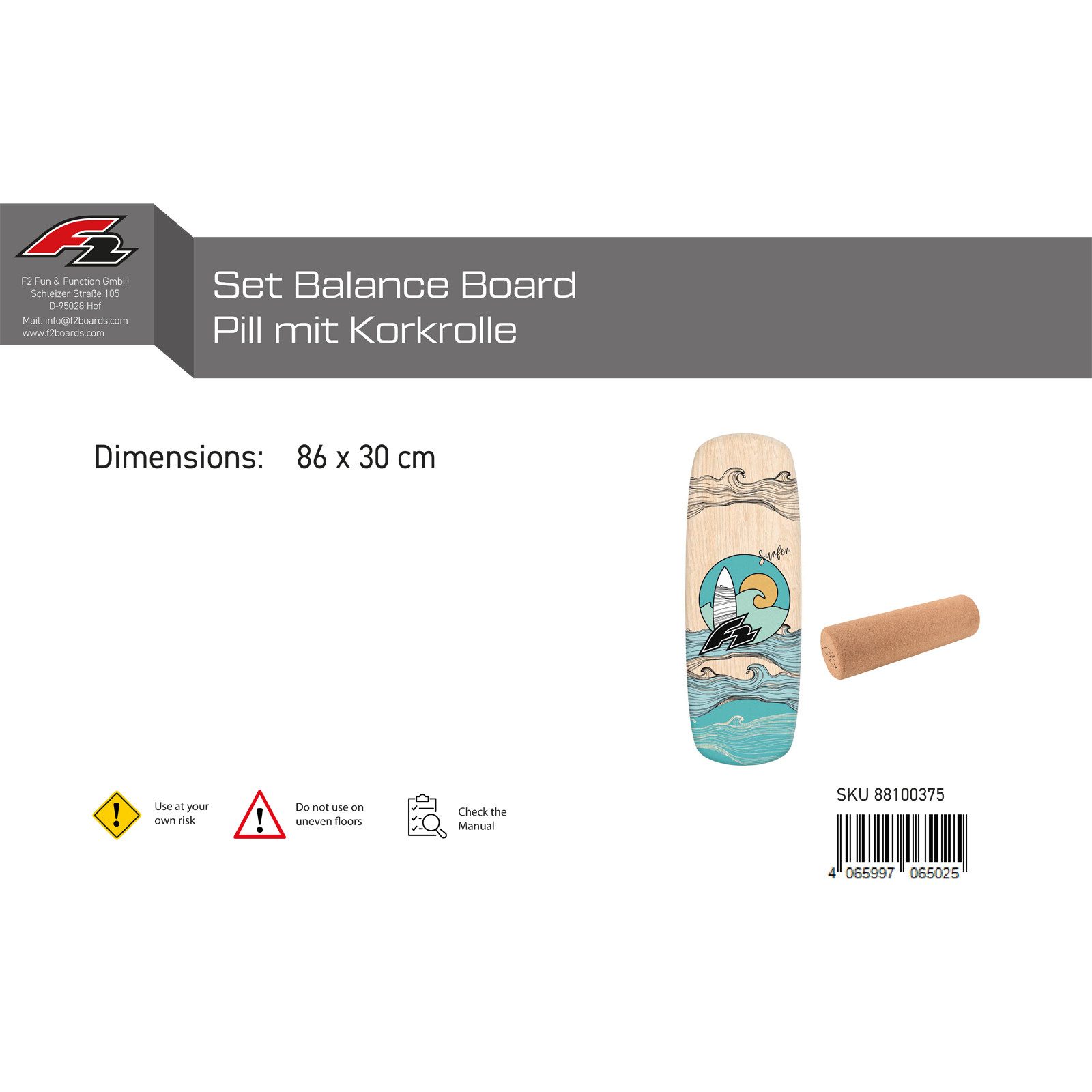 F2 Balanceboard F2 Set Balance Board Pill 86x30cm mit Korkrolle