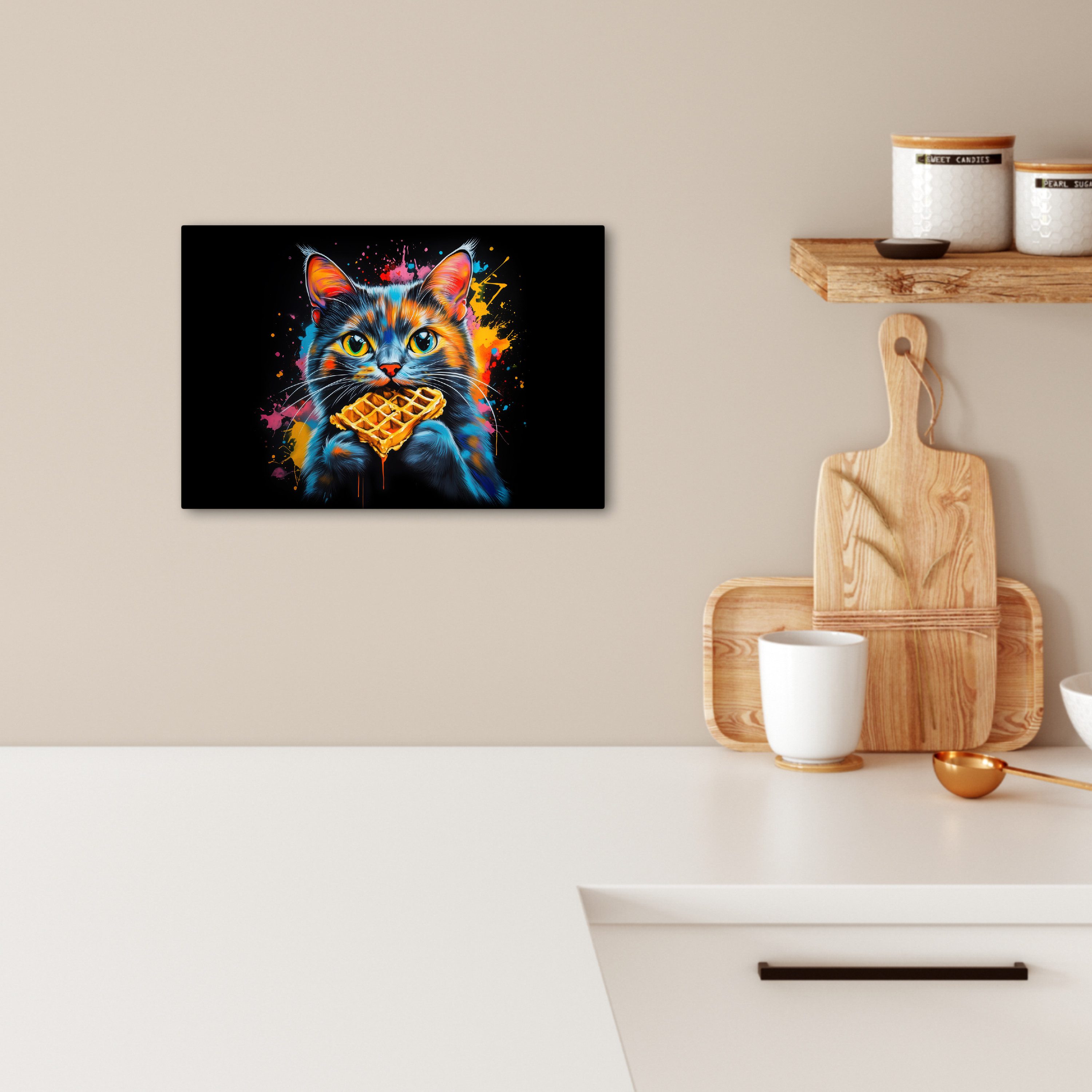 OneMillionCanvasses® Leinwandbild Katze - Graffiti - Bunt - Waffel - Essen, günstig online kaufen