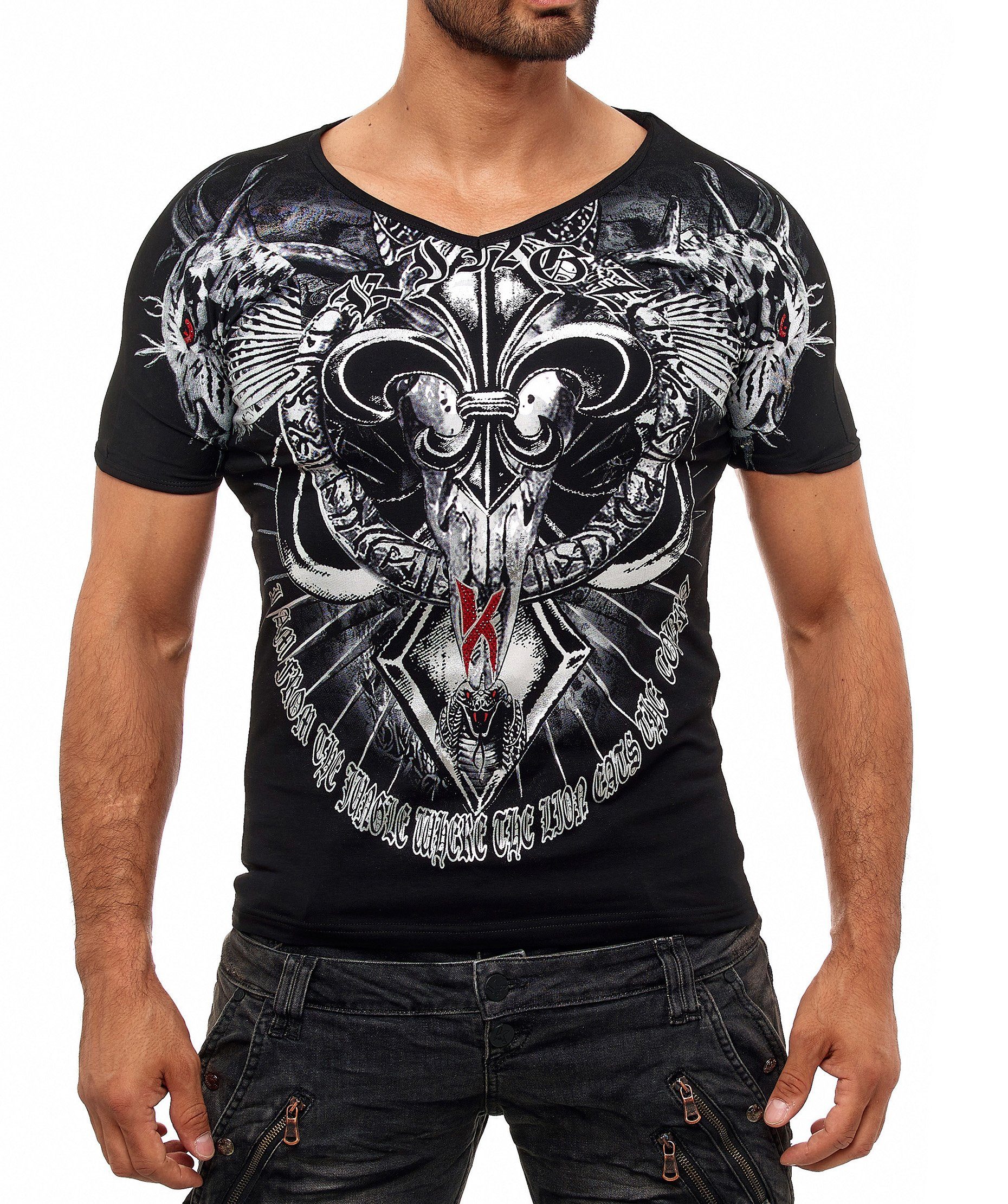 KINGZ T-Shirt mit ausgefallenem Cobra-Lilien-Print schwarz-silberfarben
