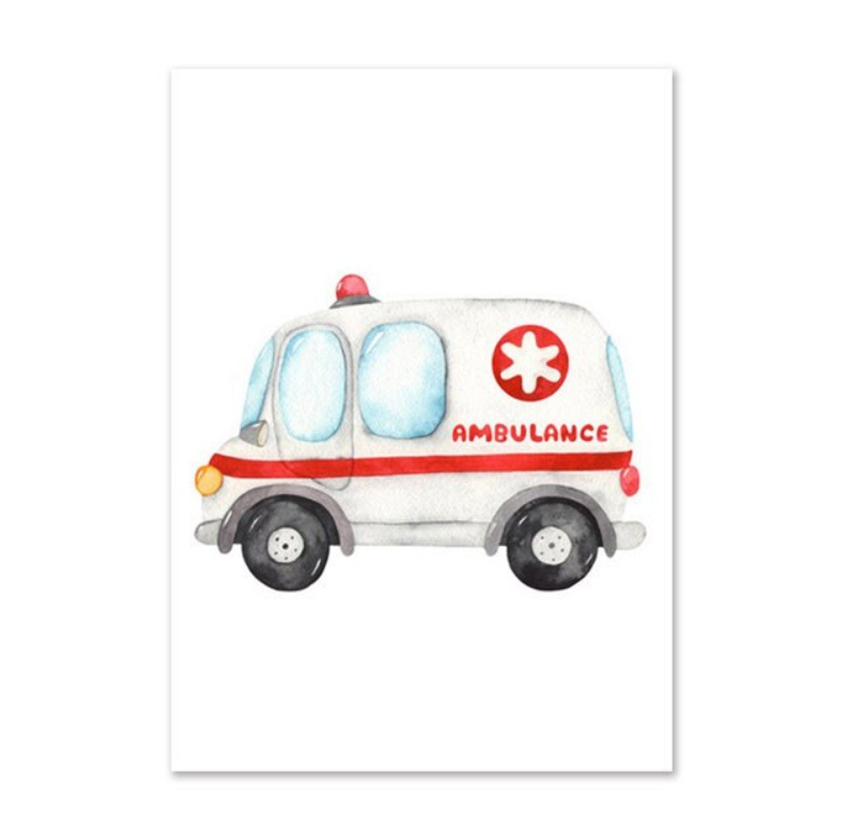 TPFLiving Kunstdruck (OHNE RAHMEN) Poster - Leinwand - Wandbild, Lastwagen, Bagger, Polizei, Feuerwehr, Hubschrauber, Krankenwagen - (Kinderzimmer, Mädchenzimmer, Babyzimmer, Jungenzimmer, Kindergarten), Farben: Pastel, gelb, rot, schwarz, blau - Größe: 10x15cm