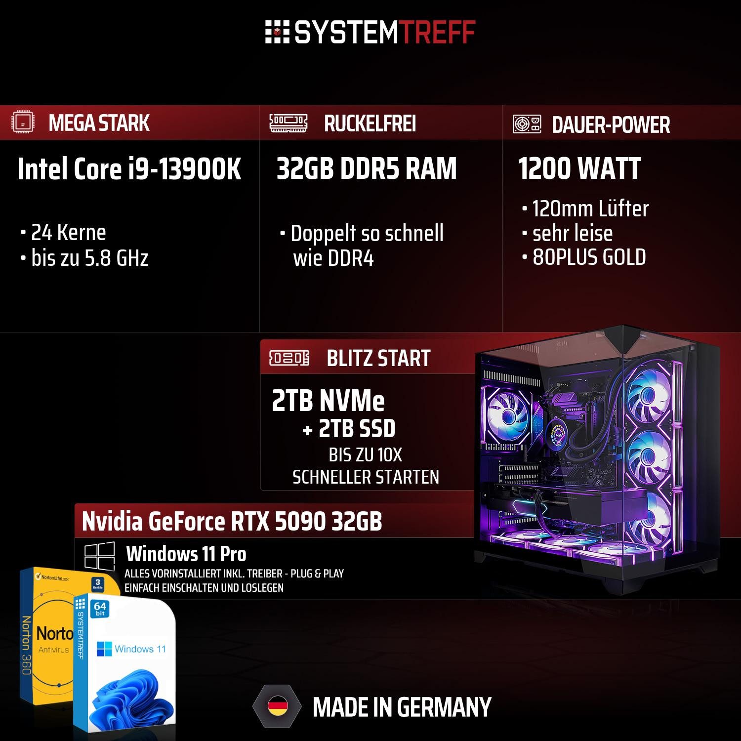 SYSTEMTREFF Intel Core i9-13900K mit Nvidia GeForce RTX 5090 32GB Gaming-PC (Intel 13900K 13900K, Nvidia GeForce RTX 5090, 32 GB RAM, 2000 GB SSD, Wasserkühlung)