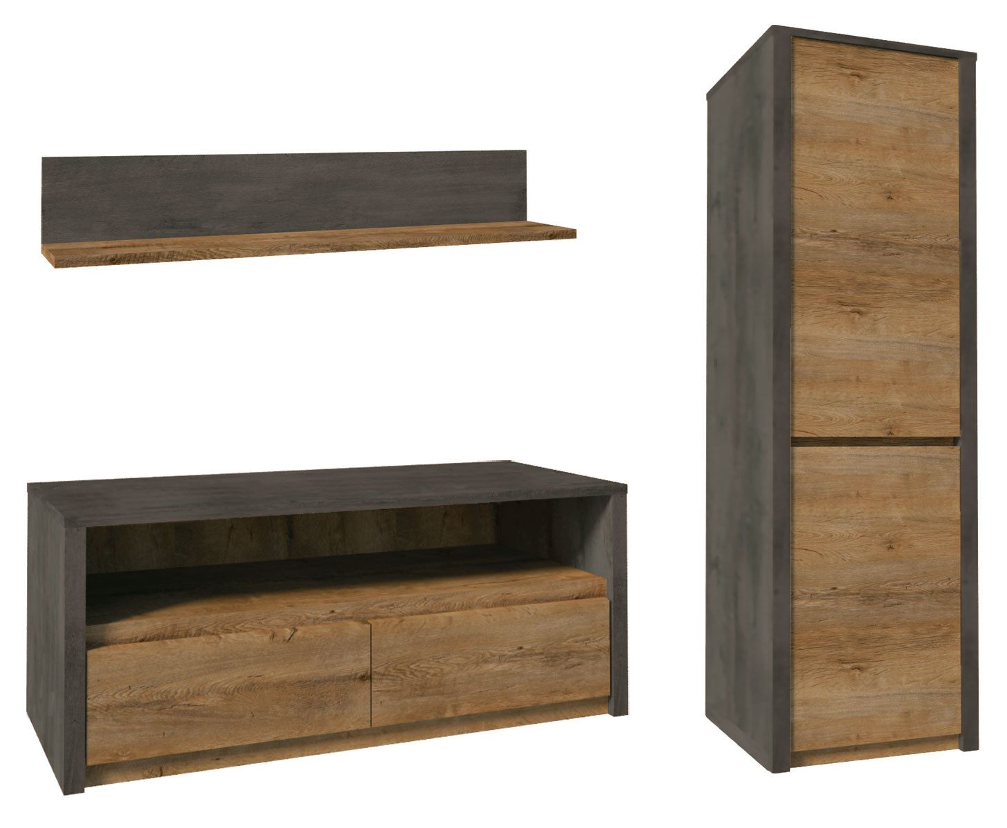 Feldmann-Wohnen Wohnwand Montana, (3-teiliges Wohnzimmer-Set, 3-St., moderne Holzoptik, Griffmulden), Eiche Lefkas grau
