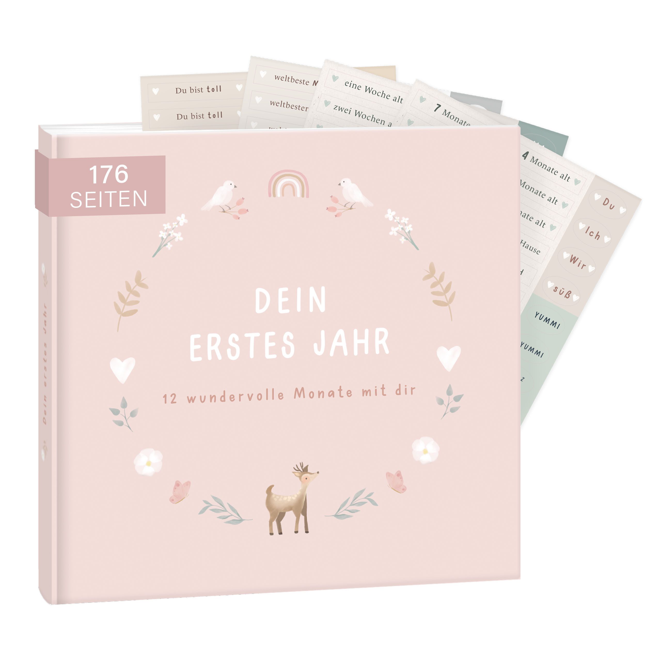 mintkind Tagebuch Babyalbum mein erstes Jahr - Erinnerungsbuch 176 Seiten, Babytagebuch mit Stickern, Naturdesign & Platz für Fotos