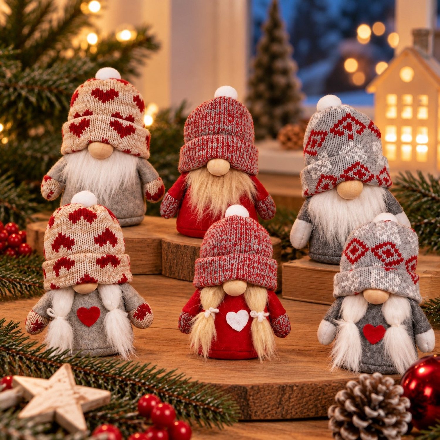 Online-Fuchs Dekofigur kleine Weihnachtswichtel mit Pudelmütze - Deko Winter & Weihnachten (3er oder 6er Set wählbar, harmonische Kombination aus Rot, Grau und Weiß Tönen), inklusive Juteschnur zum Aufhängen als Weihnachtsbaumschmuck - W8