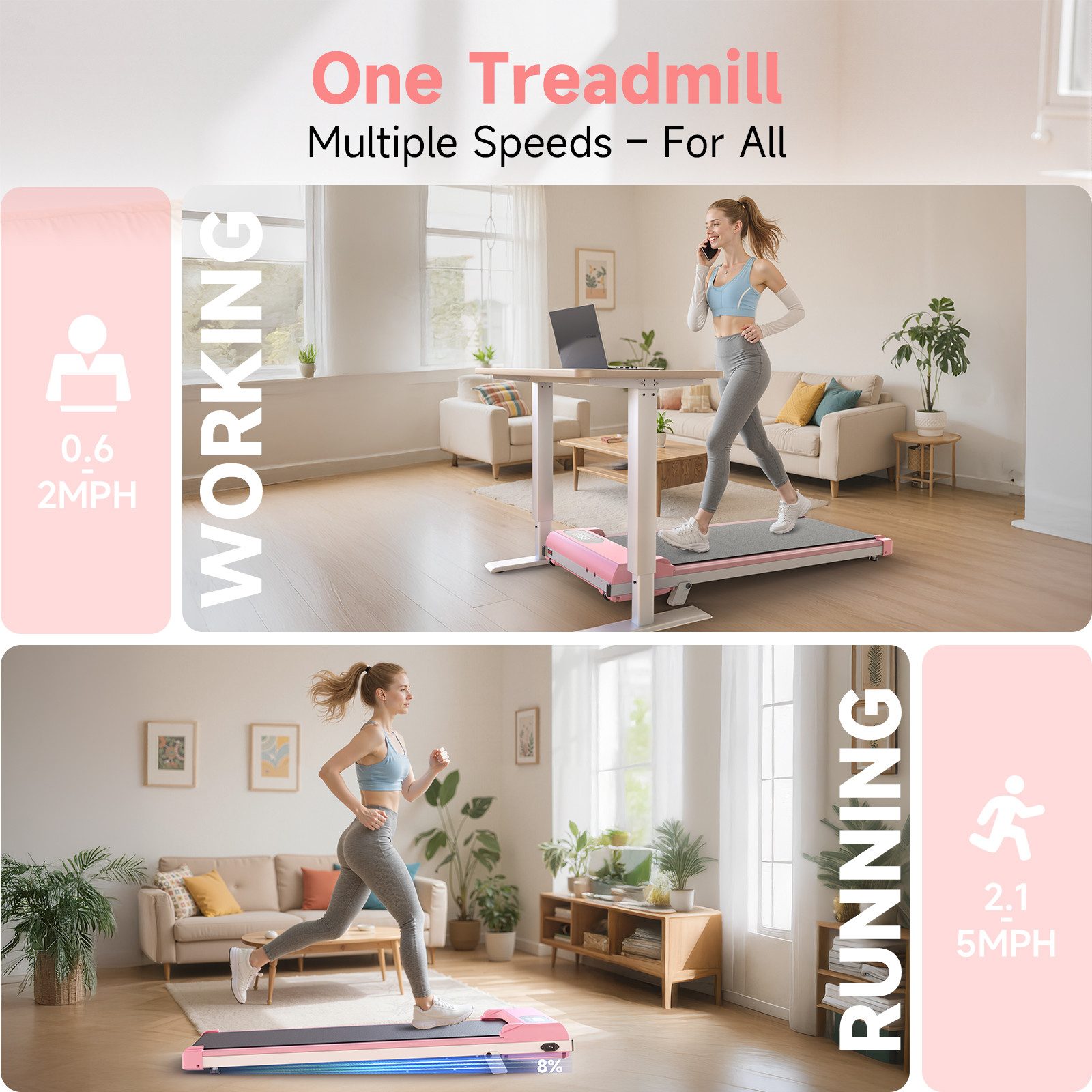 Hamlody Laufband mit 7 % Steigung – 3-in-1-Laufbänder bis 130 kg – 1–8 km/h, 0.65 HP Bürstenmotor,0.7° - 3.4° manuell,Lauffläche:90x37.7cm