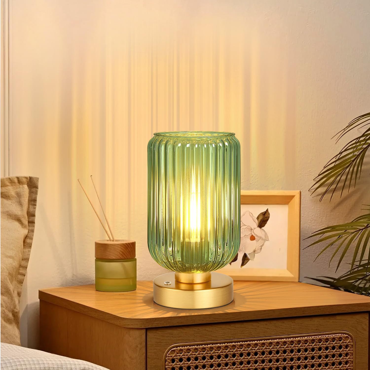 Jibenhome LED Tischleuchte Glas-Tischlampe für Schlafzimmer,Dimmbar/Kabellos, LED wechselbar, 7500 mAh wiederaufladbar/Batteriebetrieben,Für Wohnzimmer Schreibtisch