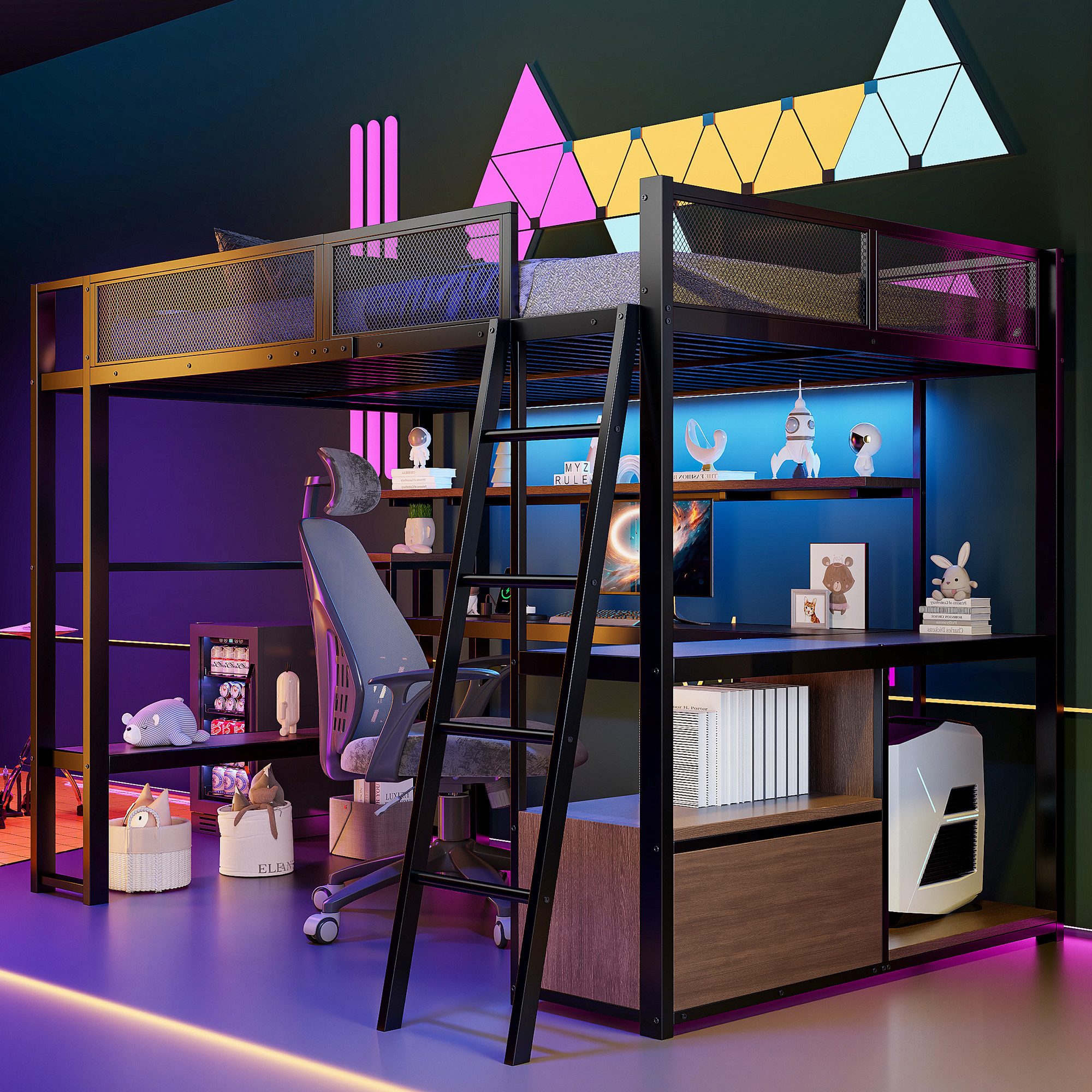 Hochbett mit LED-Beleuchtung und USB-Ladestation