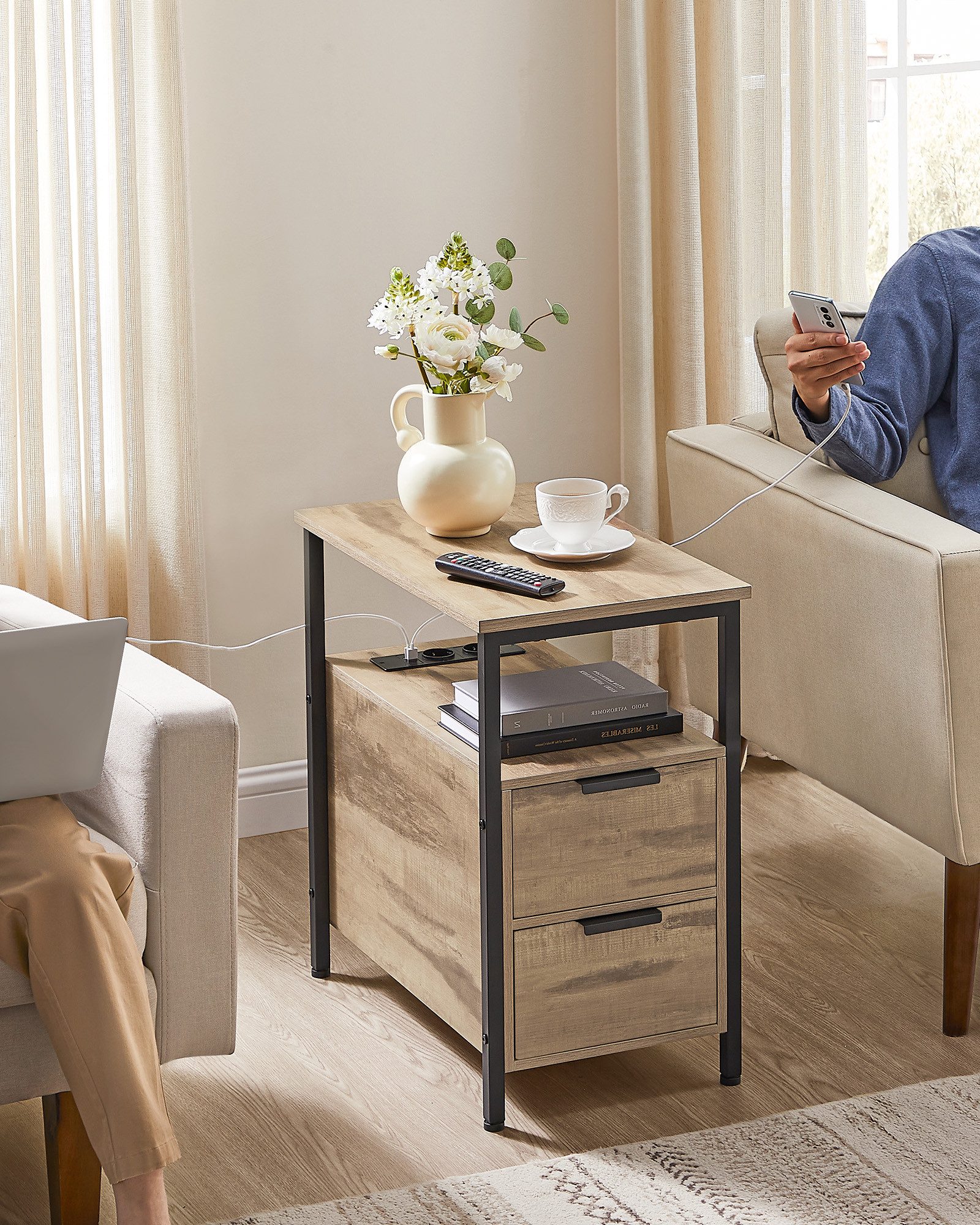 VASAGLE Beistelltisch (1-St), Nachttisch mit Steckdosenleiste, 2 Schubladen günstig online kaufen