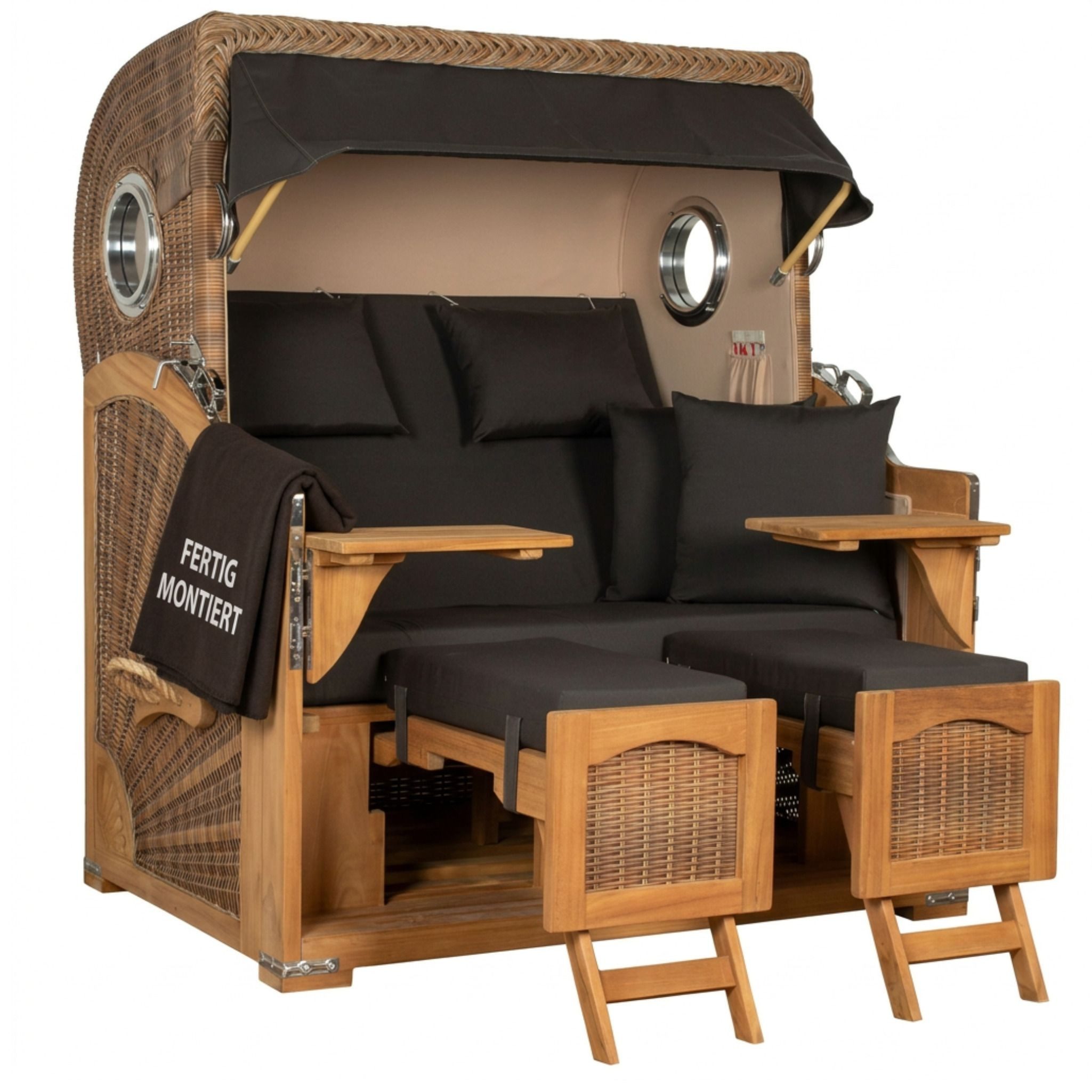 MR.DEKO Strandkorb XL Düne Grande robust 2,5 Sitzer mit Bullaugen Teak PE-Geflecht Banana, BxTxH: 142x95x170 cm, Volllieger, Düne, (Fertig montierter Strandkorb für Garten, Terrasse & Balkon), Wetterfester Volllieger mit Edelstahlbeschlägen & waschbaren Polstern