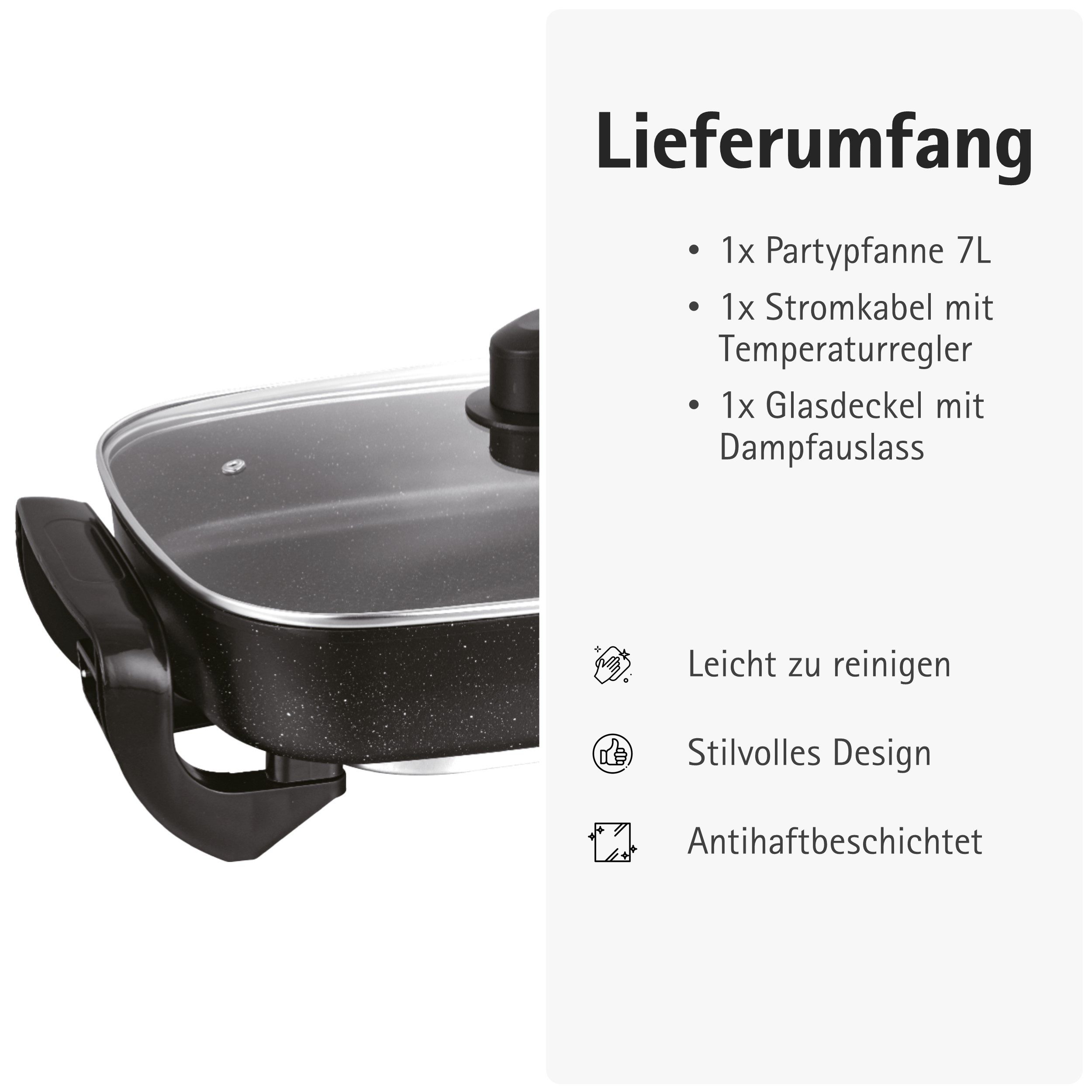 Neudorf Elektrische Partypfanne FamilyPan 8L – Viel Platz für Pfannengerichte & Eintöpfe Wurst uvm., 1500 W, Große Bratfläche, schnelles Aufheizen, stufenlose Temperaturregelung