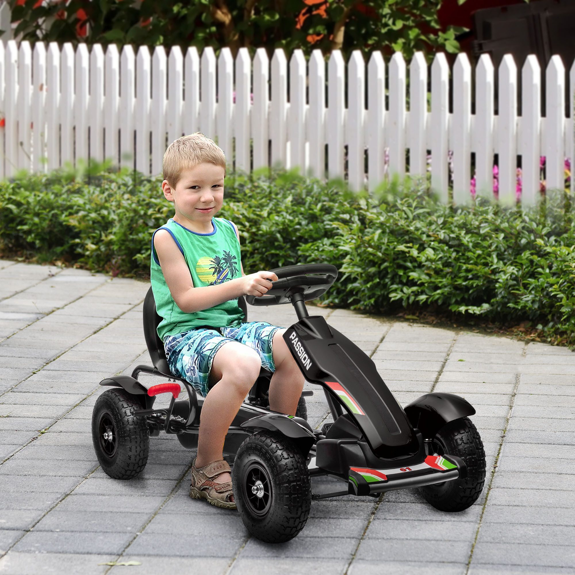 HOMCOM Go-Kart Tretauto mit Handbremsen, verstellbarem Sitz, Schwarz 121 x 58 x 61 cm – Bild 2 von 5