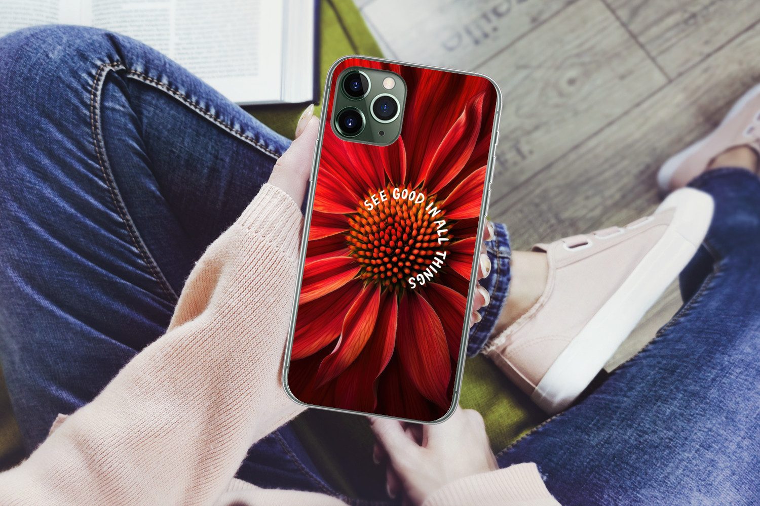 MuchoWow Handyhülle für Apple iPhone 11 Pro Max Nahaufnahme - Blume - Zitat - Rot, Smartphone-Bumper, Print, Handy Schutzhülle Dünn