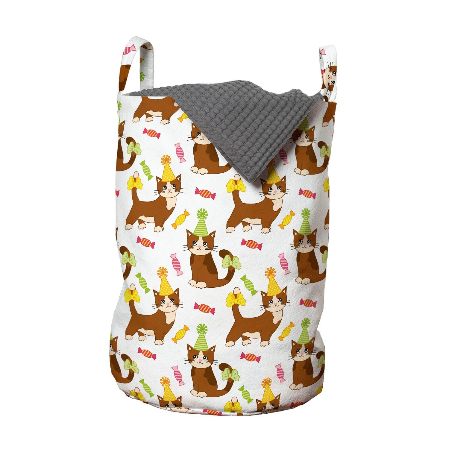 Abakuhaus Wäschesäckchen Wäschekorb mit Griffen Kordelzugverschluss für Waschsalons, Kätzchen Katze in einem Party-Hut und Süßigkeit