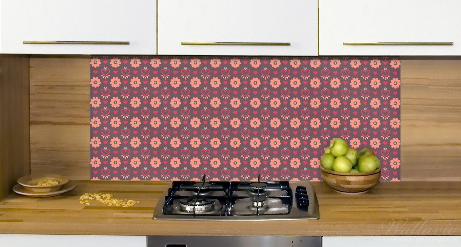 Wallario Küchenrückwand Muster mit Blumen (1-tlg) Herzen, und