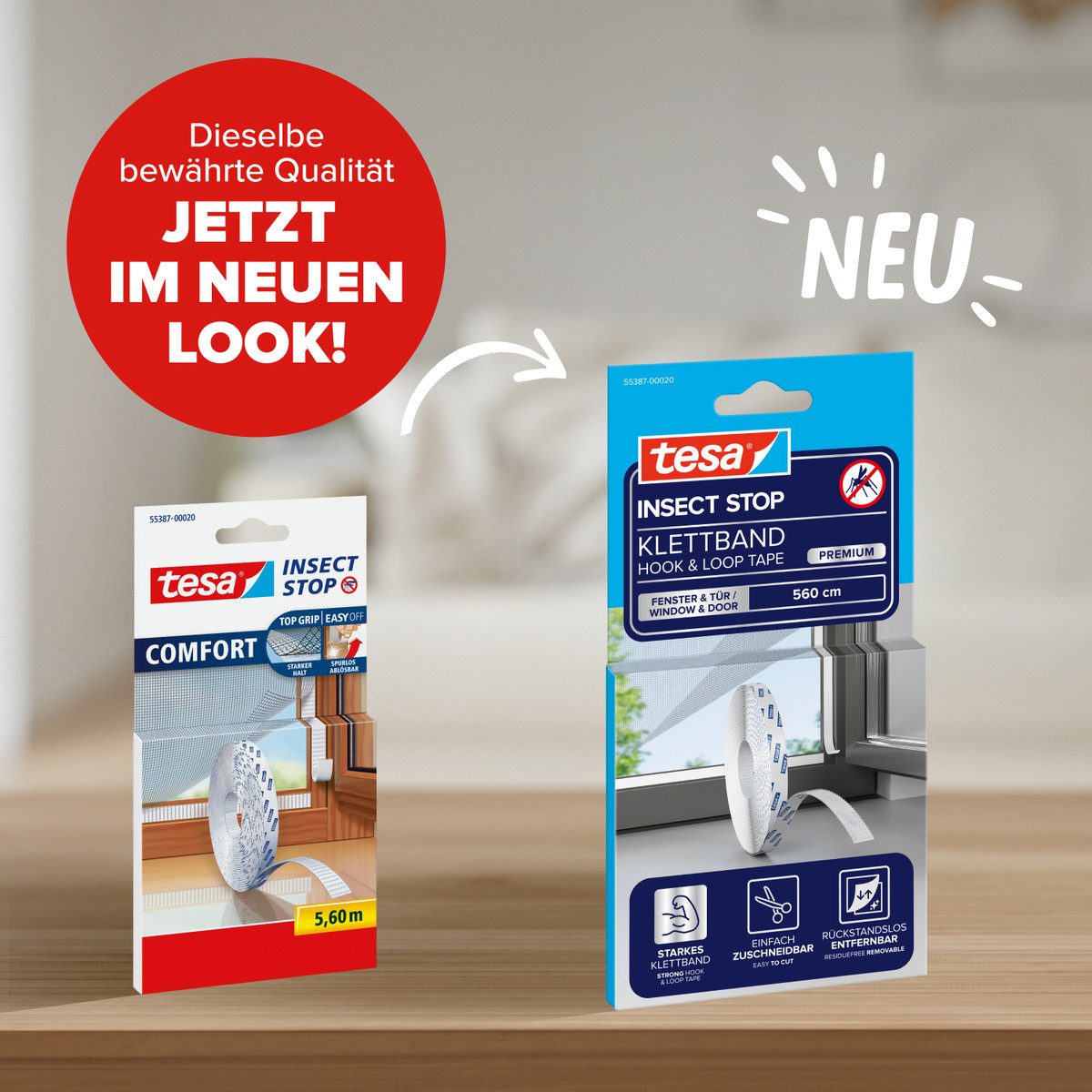tesa Insect Stop COMFORT selbstklebendes Klettband Ersatzrolle, 5,6m, (Packung, 1-St., Selbstklebendes Klettband), Klettband zur bohrfreien Fixierung am Fenster für Fliegengitter - weiß