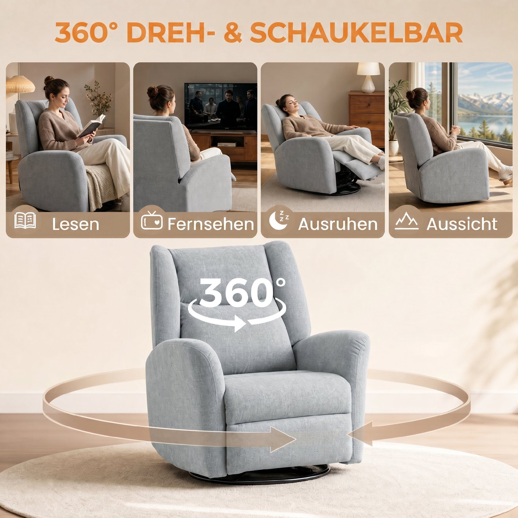 HOMCOM Relaxsessel Ruhesessel mit Schaukel- und Liegefunktion, breitem Sitz (TV Sessel, 1-St., 360° Drehbarer Liegesessel), für Wohnzimmer, Schlafzimmer, Heimki – Bild 5 von 5
