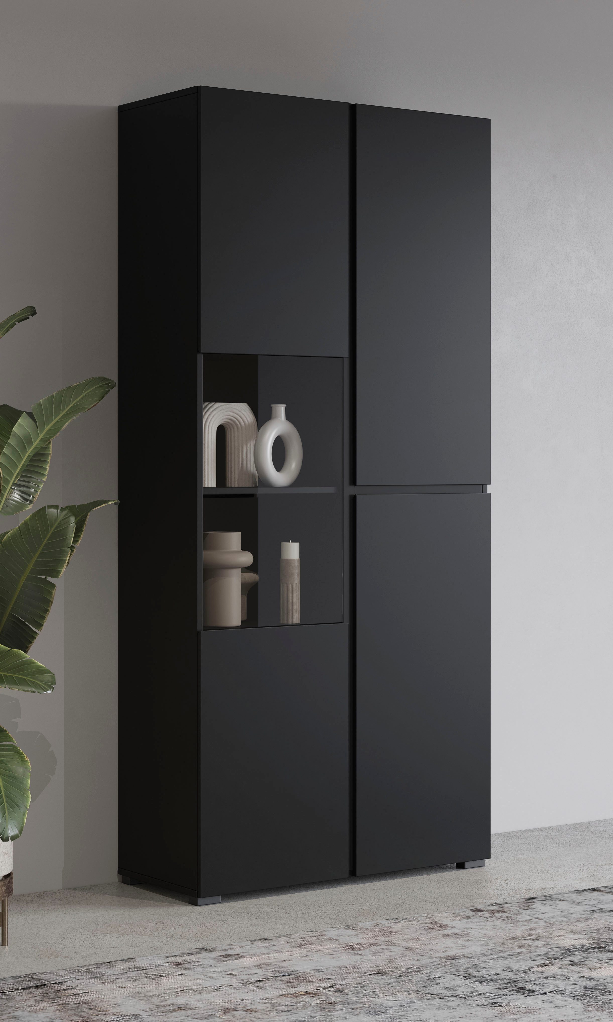 OTTO home Vitrine Cross, Höhe 183,5 cm, moderne grifflose Standvitrine mit 3 Türen Hochschrank mit viel Stauraum, Glastür und verstellbaren Einlegeböden