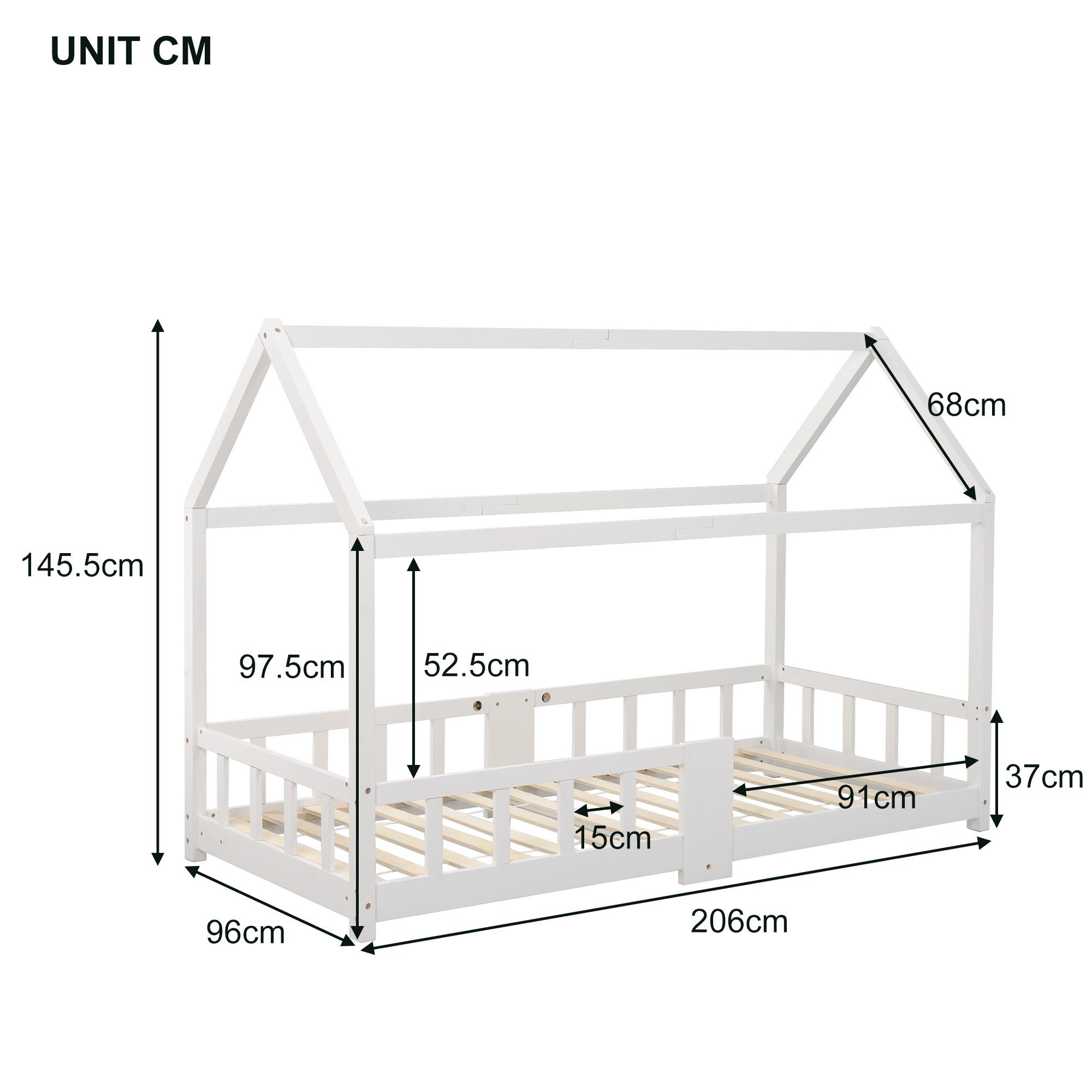 mit mit Weiß Rausfallschutz, Holz Einzelbett Hausbett Merax 90x200cm Kinderbett,