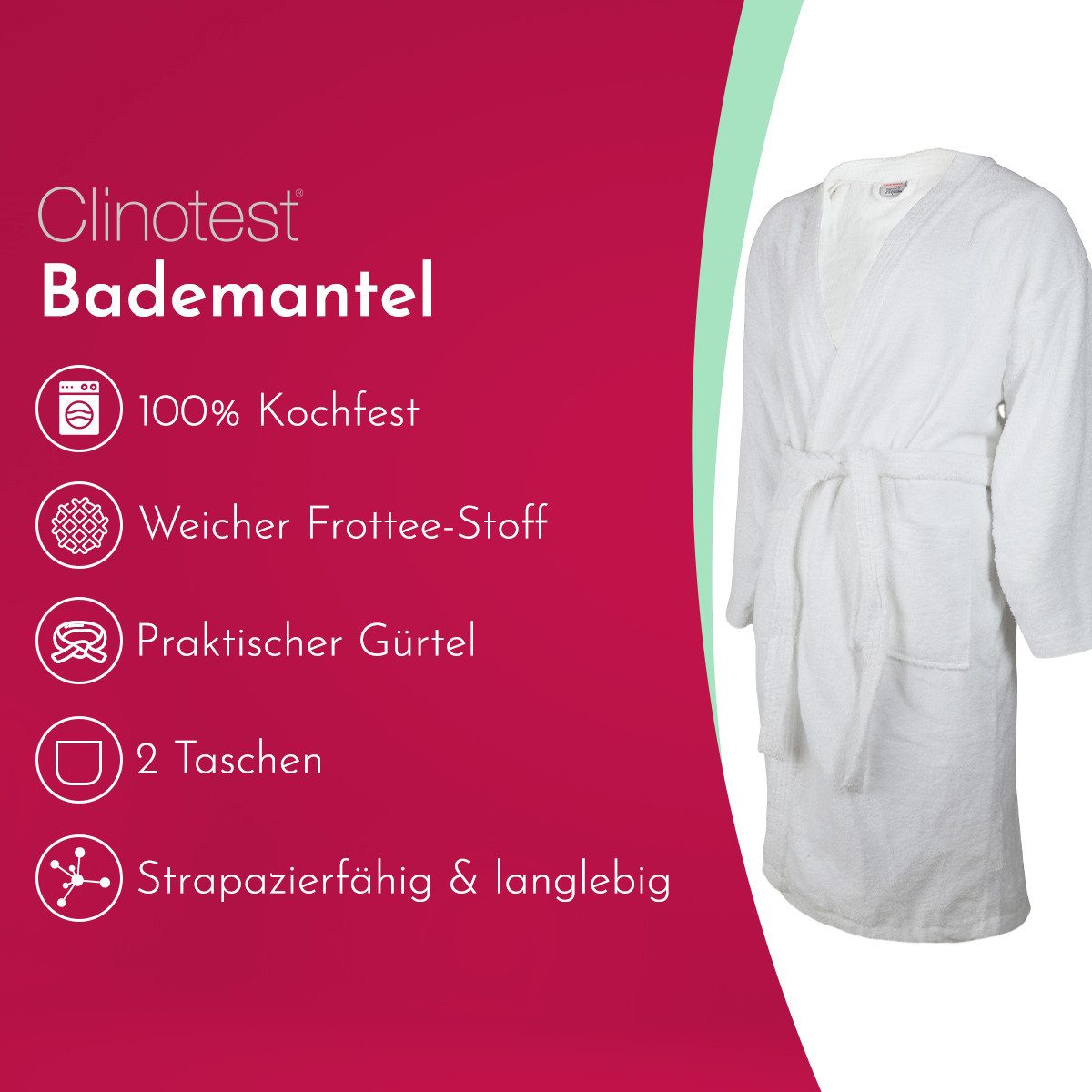 Clinotest Bademantel Frottee Bademantel, Morgenmantel/Saunamantel, weiß, Baumwolle, Kimono-Kragen, 2 aufgesetzte Taschen, Gürtel, kochfest ohne Einlaufen oder Fusseln, Saunamantel ohne Kapuze