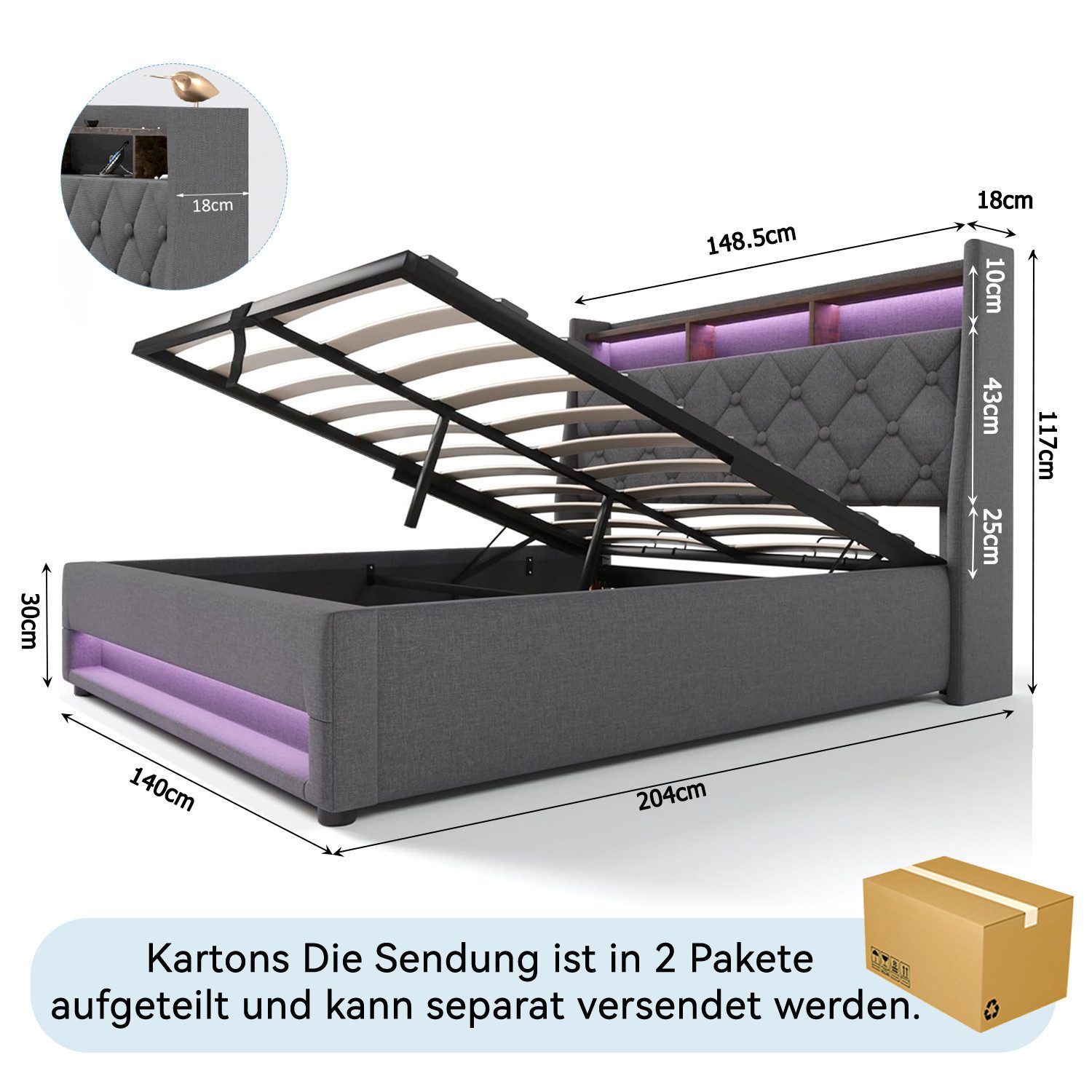 Mihtrov Polsterbett LED Doppelbett Hydraulisch Stauraumbett mit Ladestation günstig online kaufen