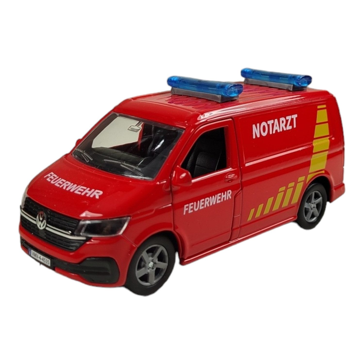 Toys Amsterdam Modellauto VW Feuerwehr Van mit Anhänger Spielzeug Volkswagen Feuerwehrauto Pull