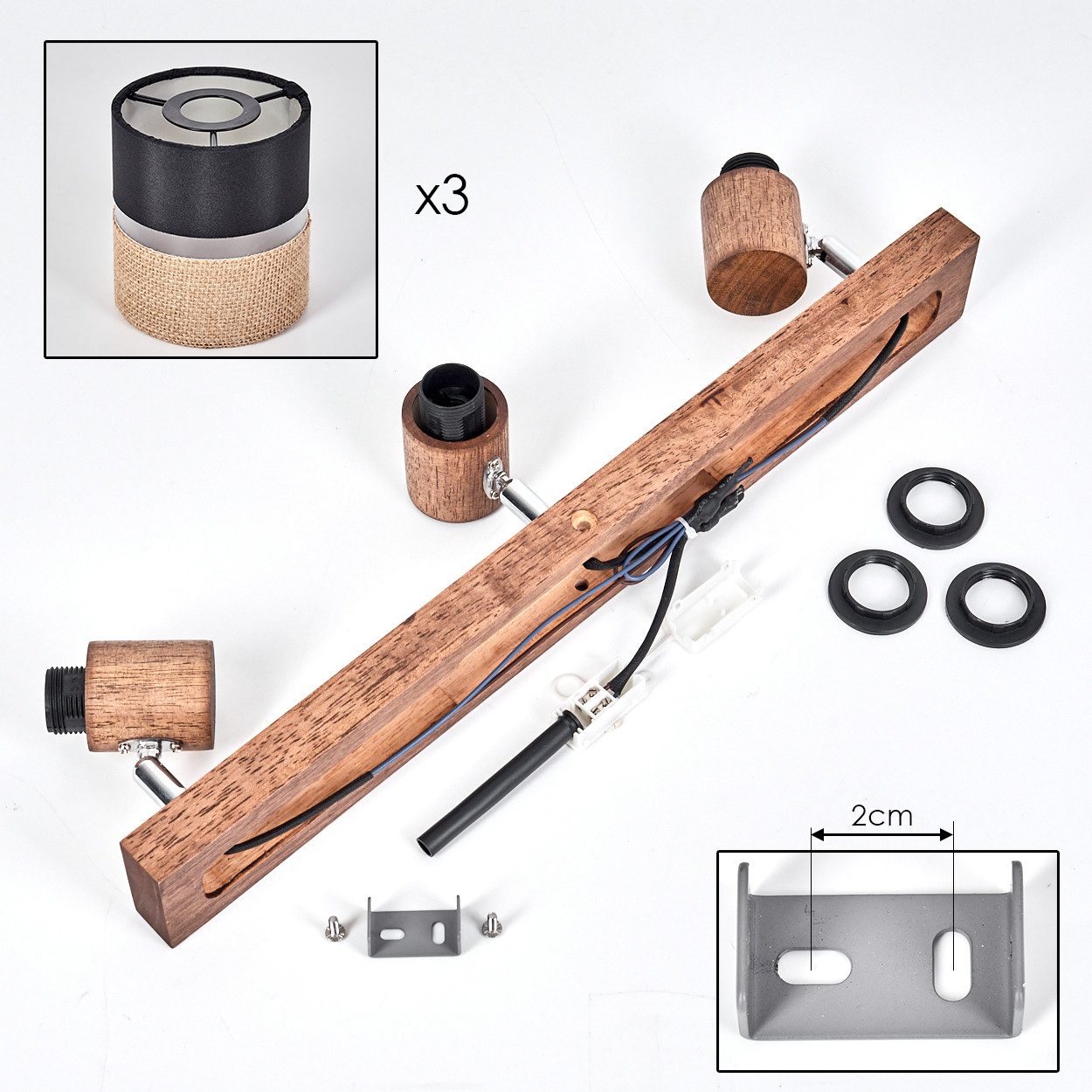 hofstein Deckenleuchte moderne Deckenlampe aus Holz/Metall/Leinen in Dunkelbraun/Chrom/Natur, ohne Leuchtmittel, m. verstellbaren Strahlern, 3x E14, ohne Leucht – Bild 5 von 5