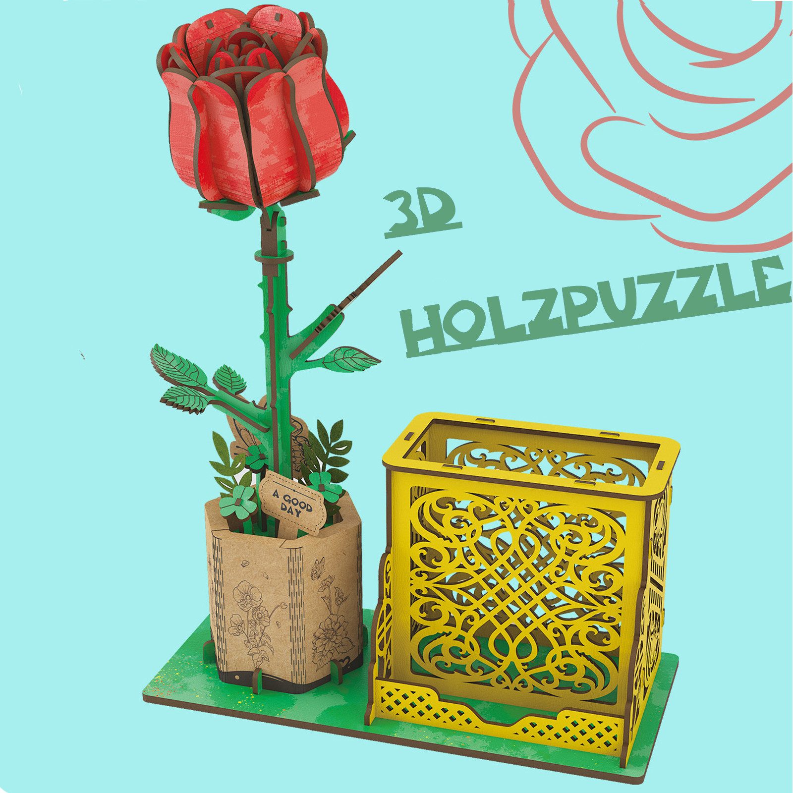 Esun 3D-Puzzle 3D Puzzle Holz, DIY-Blume Aus Holz, Modellbausätze Für Blumen, 85 Puzzleteile, Heimdekoration Und Valentinstags-Geschenkset