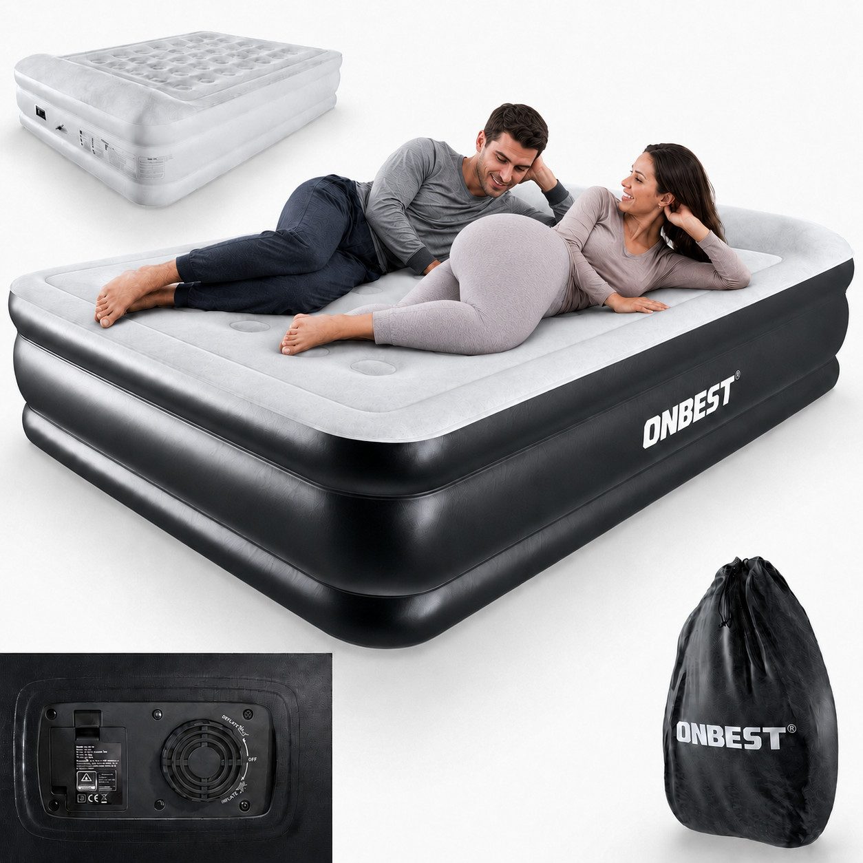 Onbest Luftbett Luftmatratze Gästebett mit elektrischer Luftpumpe und Kissen, 250 kg, 2 Personen, wasserabweisend, selbstaufblasend, 0,6 mm