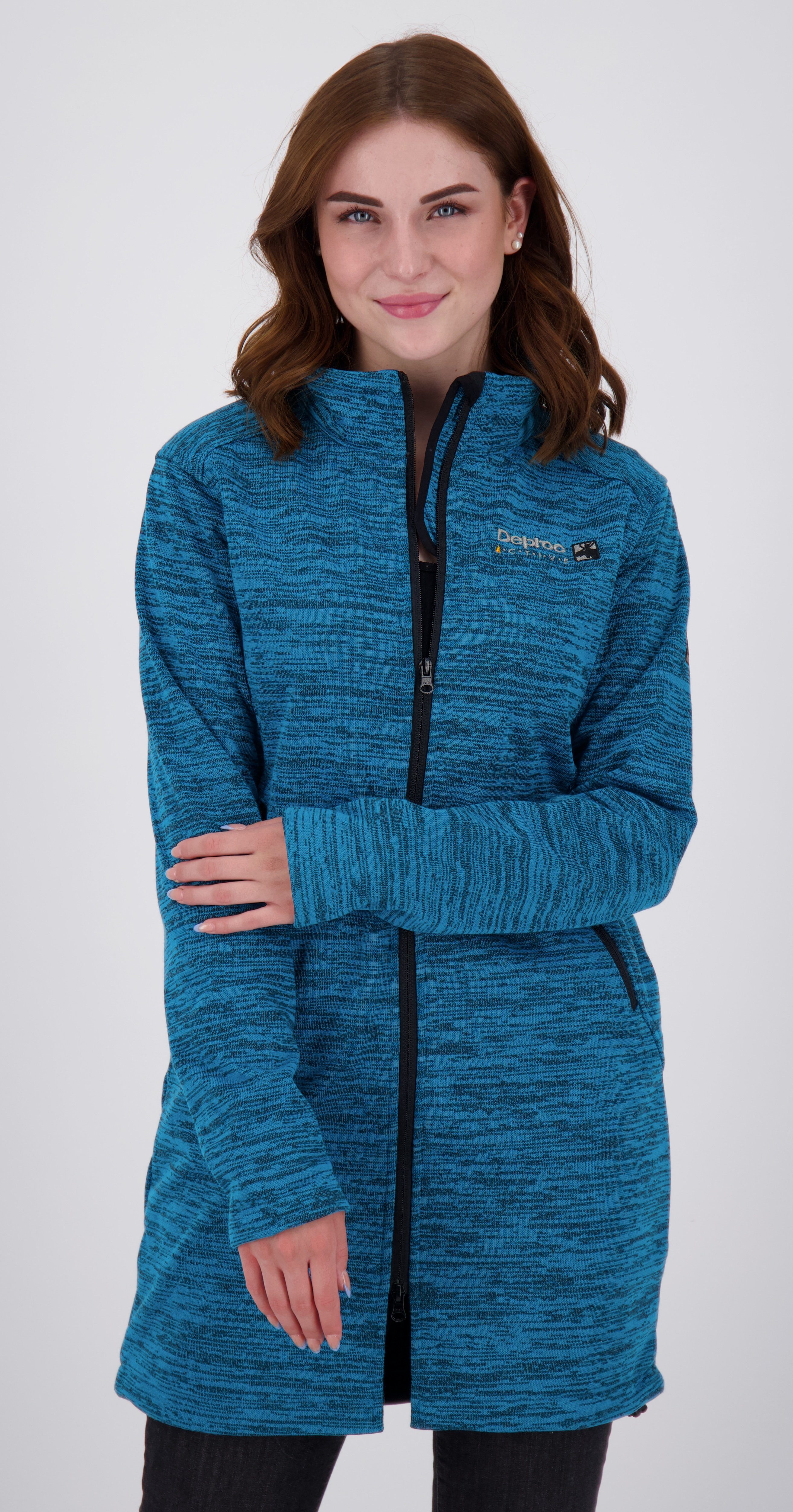 DEPROC Active Strickfleecejacke ELMSDALE WOMEN LONG NEW CS mit Stehkragen, in edler Melangeoptik turquoise