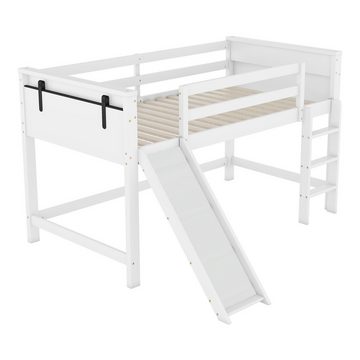 DOPWii Jugendbett 90*200 cm Hochbett,Kinderbett,Hohes Geländer,mit Rutsche Ausgestattet, weiß/Grau