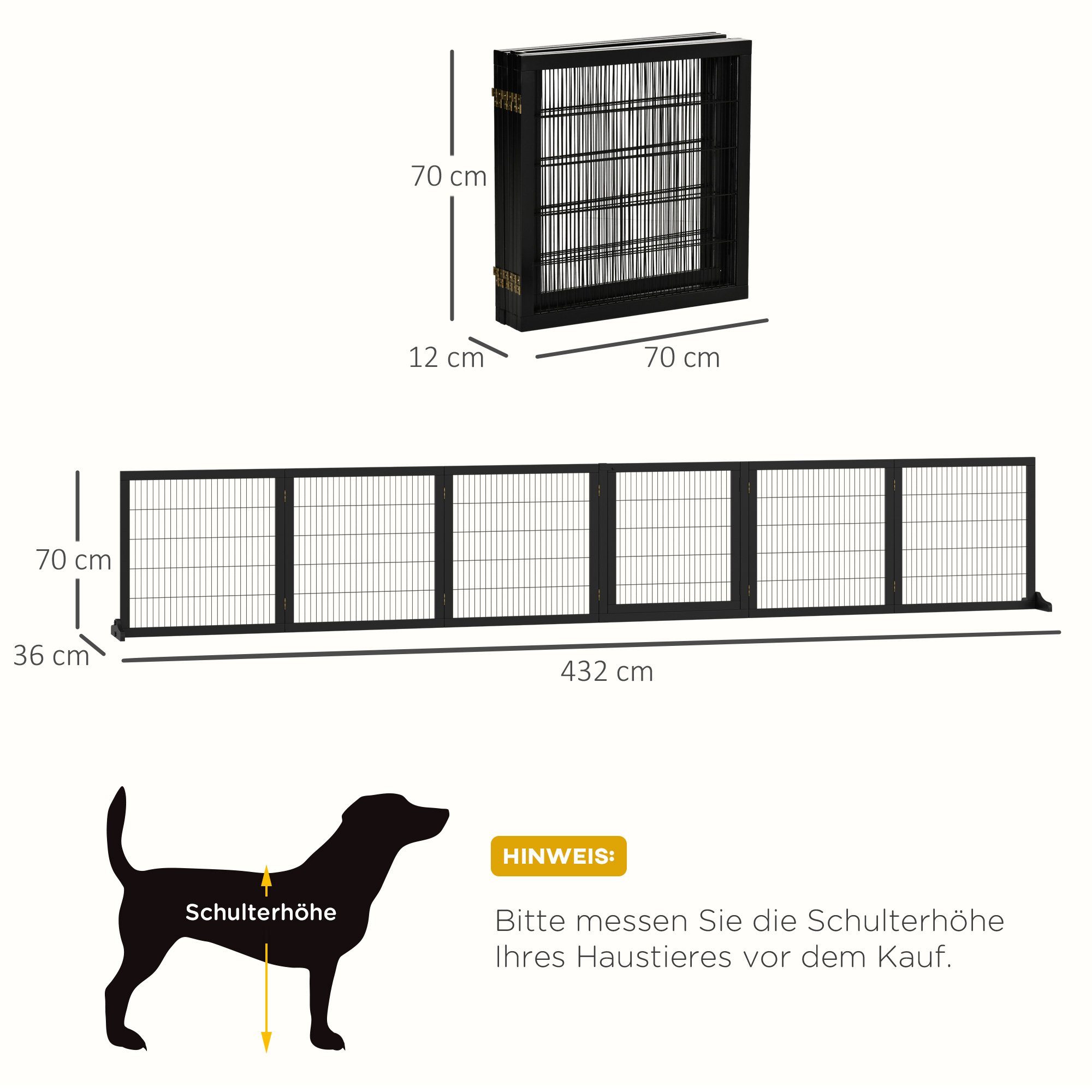 PawHut Hundegitter mit Füßen, klappbar (Absperrgitter für Hund, 1 St., verstellbares Schutzgitter aus Holz), 432 x 70 cm, für Treppen, Türen, Flur, 6 Paneelen, Schwarz