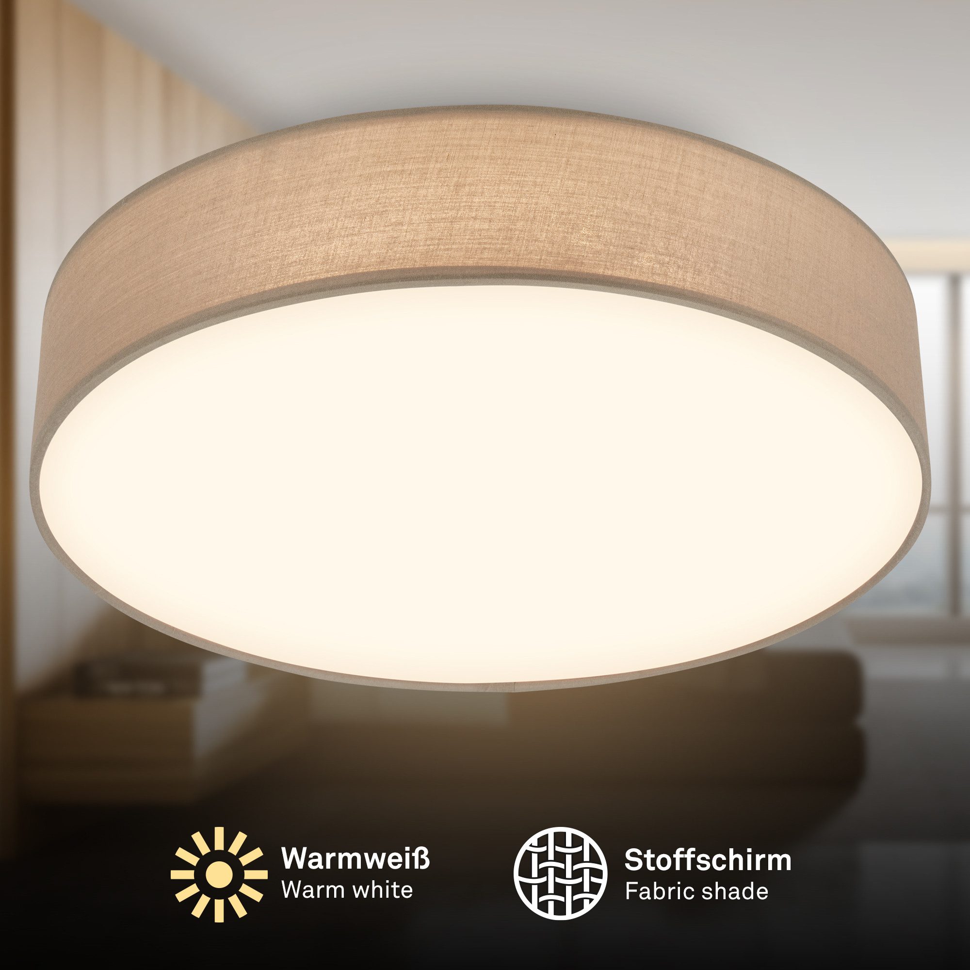 Briloner Leuchten LED Deckenleuchte Stoff-Deckenlampe Textillampe Stoffschirm Wohnzimmer Schlafzimmer, LED fest integriert, 3000K, 30/38x10,5 cm, Wohnzimmer, Schlafzimmer, Flur, Küche