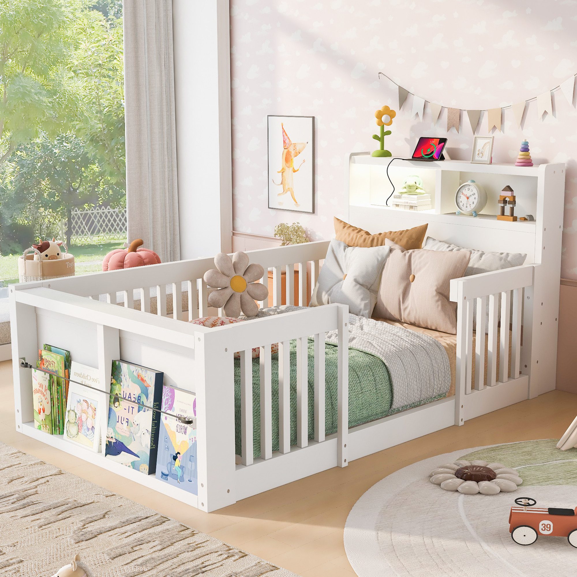 Flieks Kinderbett, Bodenbett Holzbett 90x190cm mit USB-Anschluss, Nachtlicht, Ablagefach