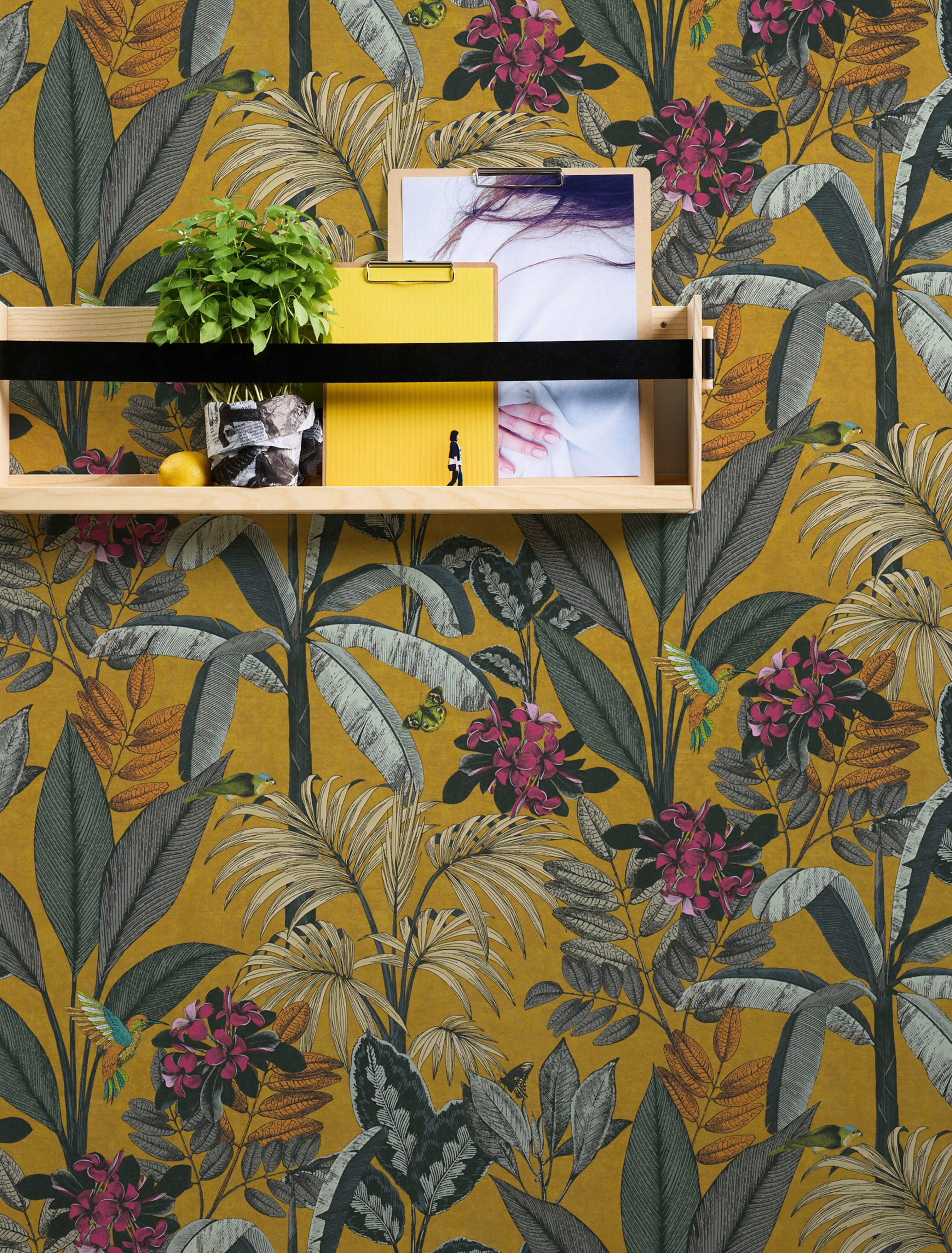 Bricoflor Dschungel Tapete Petrol Bunt Palmenblätter Vliestapete mit Blumen günstig online kaufen