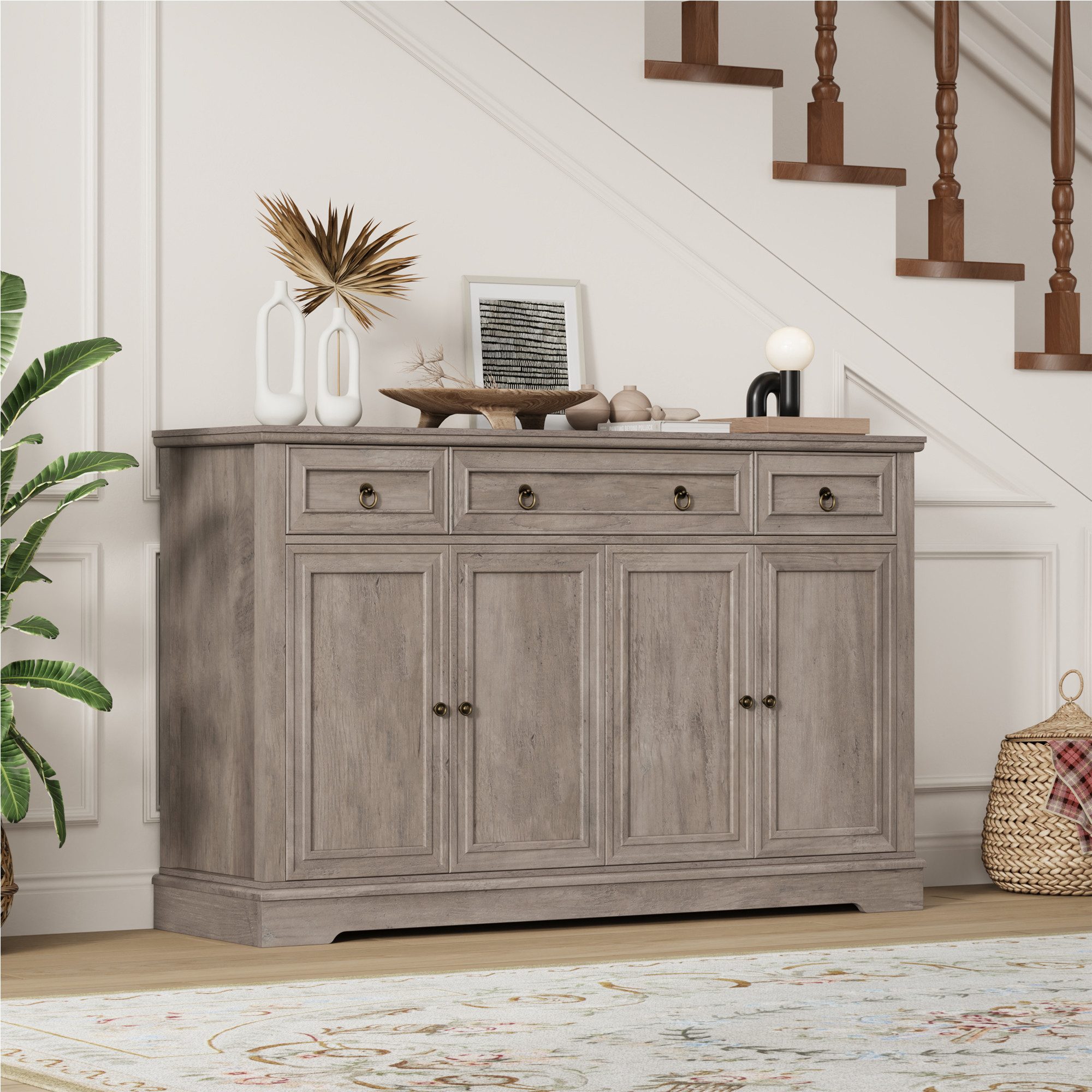 Homfa Sideboard für Wohnzimmer Küche, Küchenschrank Buffetschrank mit 3 Schubladen 4 Türen TV-Schrank braun – Bild 5 von 5