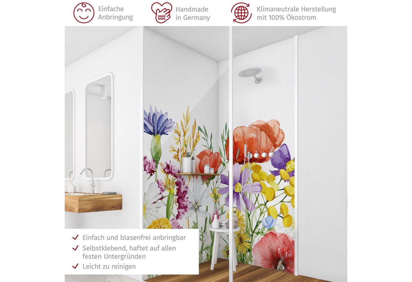 Thumbnail - Bilderdepot24 Badrückwand Blumen bunt Duschrückwand ohne Bohren Dusche Aquarell, (2-tlg., Hart-Folie Premium matt 0,61 m...